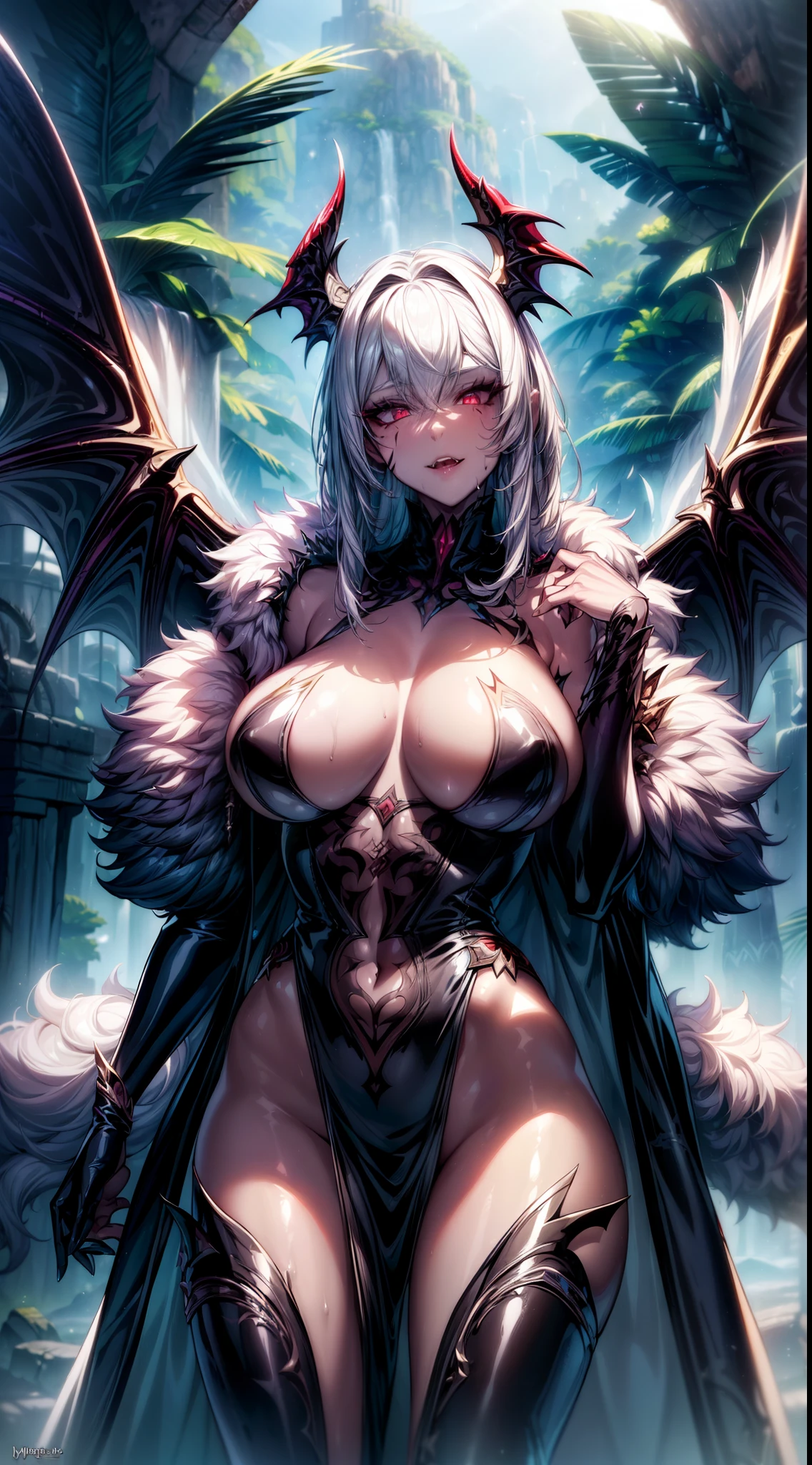 realistic photo of slaved (savage, tribal, jungle)_vampire with (white hair), bat fur, coat|wings, ((fangs)), colorful extremely_detailed_(tribal, jungle)_tight_(lacy, leather, fur, silk, satin, latex)_(clothing, skirt), high collar, detailed face, detailed beautiful shiny red eyes, slit pupils, metallic reflections, ((tatooed, marked)_with_shining_runes)_fit_muscular_body, shiny skin, tropical city ruins fog, 1girl, natural breasts, medium length white hair, masterpiece, best quality, beautiful and aesthetic:1.2, fractal art:1.4