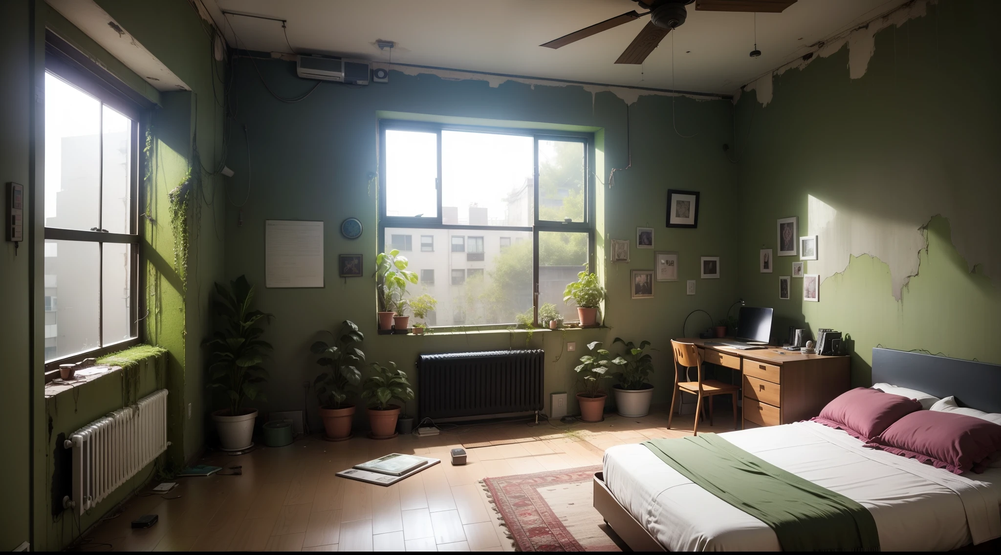 Room in the apartment, apartment, bed room, Teen Cyberpunk Bedroom, Cyberpunk bedroom, Carpets, pillows, houseplants, Overgrown wall, ivy, ciberpunk, Abandoned house, moss