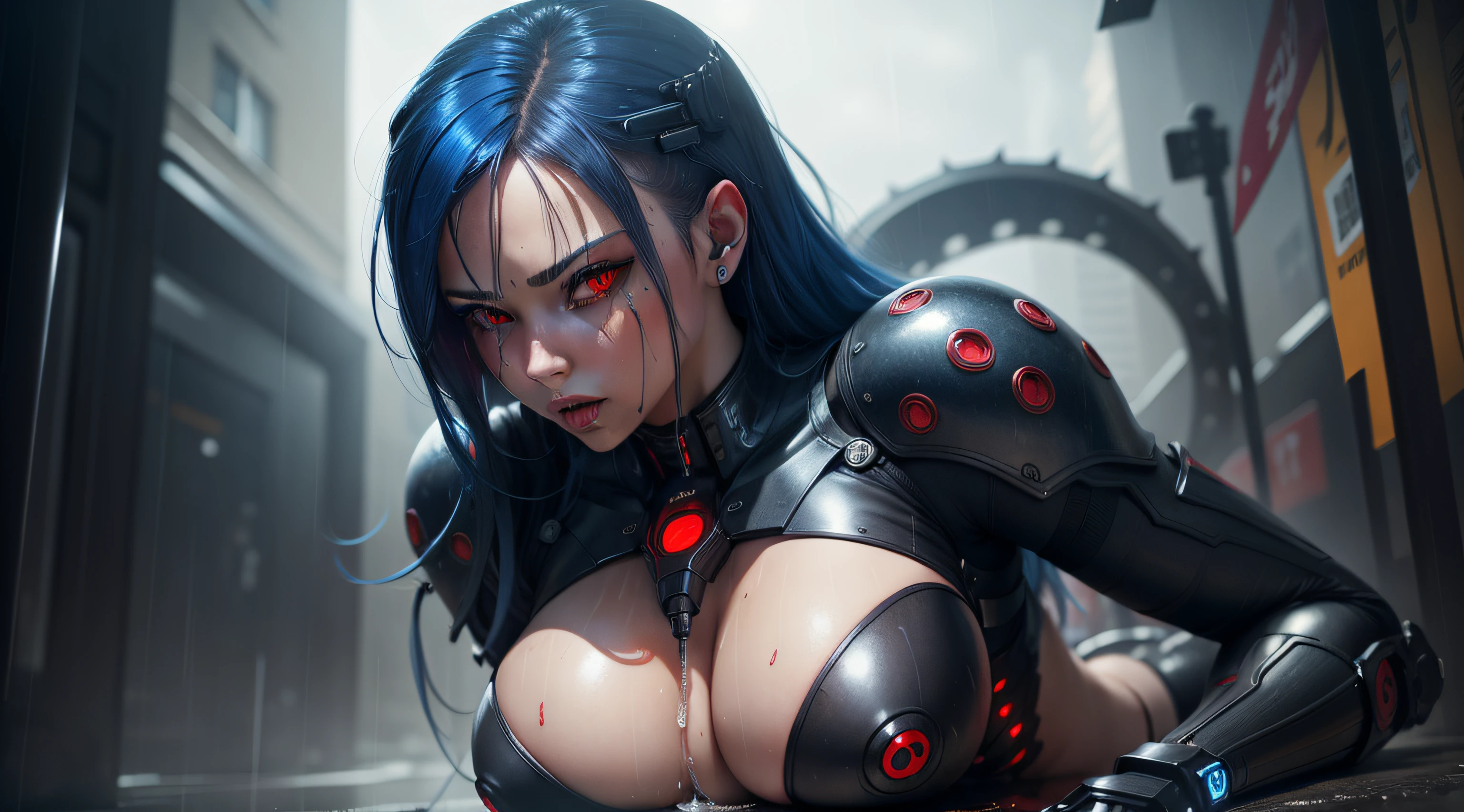 sexy cyborg girl , extremely realistic , seductive , parasite, red eyes , blue hair , wet , rain , blade , cum ,sex , tentacles , rape