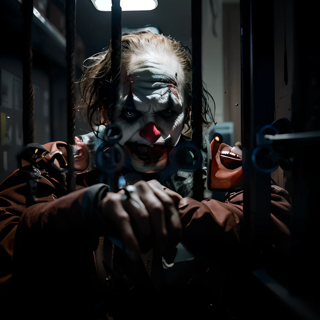 "A close up of a menacing face in a jail cell, reminiscent of the Joker from the film 'Joker' (2019)."