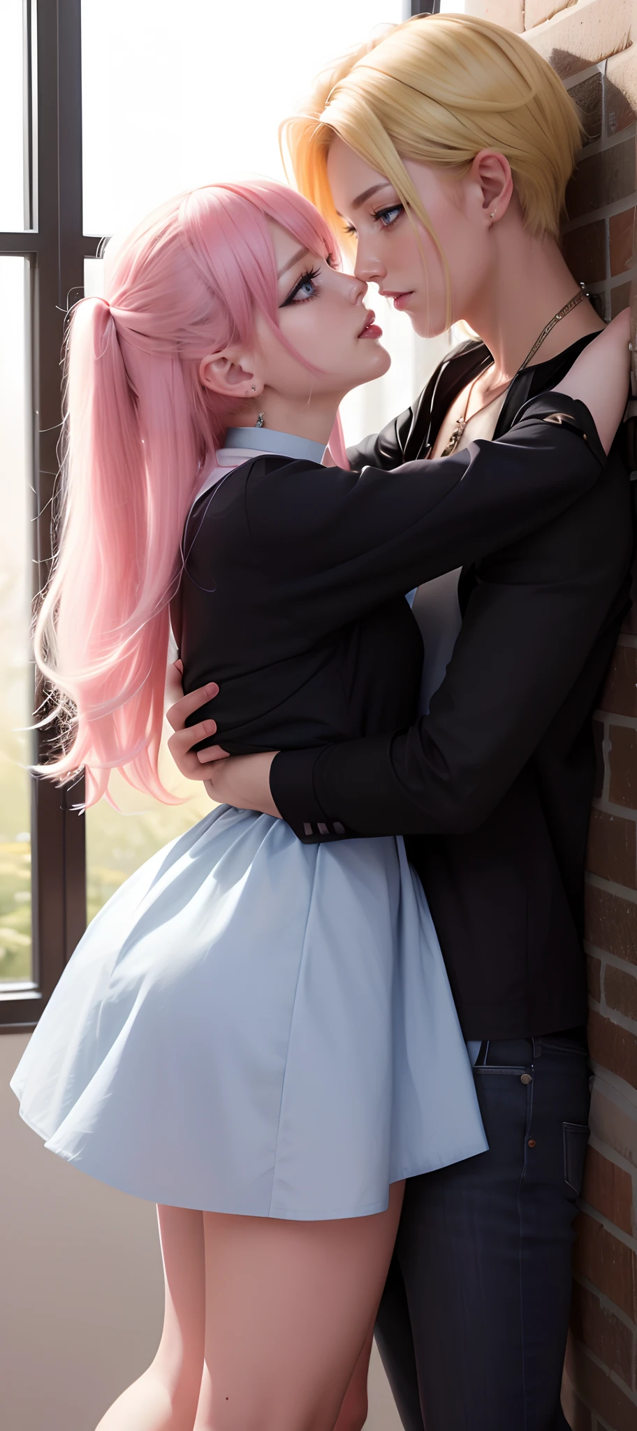 masterpiece, top-quality, 2Others, Male and female couples, 1 man and 1,, Adults, Height difference, different fashion, different color, finely eye and detailed face, intricate detailes, Casual clothing, Oversized shirt, Modern urban streets, Hands on back, A smile, Happiness, tenderness, high-level image quality、 Beautiful men and women、tall、hug from behind、Trying to kiss、Kissing each other, window、nightfall、nighttime scene、𝓡𝓸𝓶𝓪𝓷𝓽𝓲𝓬、Korean Male, Idol Photos, k pop, Professional Photos, Vampires, Korean fashion in black and white, Fedoman with necklace, inspired by Sim Sa-jeong, androgynous vampire, :9 detailed face: 8, extra detailed face, detailed punk hair, ((asa)) baggy eyes, Seductive. Highly detailed, semi realistic anime, Vampires, hyperrealistic teen, delicate androgynous prince, imvu, short hair above the ears, Man with short hair, Woman with long hair, With a man with a glaring expression, Woman with a gentle expression, ((With a man with blonde short hair and light blue eyes)), ((Woman with pretty long pink hair and light blue eyes))