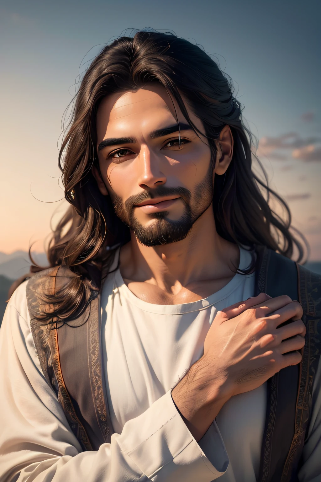 crie um retrato realista, cinematic, unico de Jesus Christ que retrate a beleza, serenidade, the love and compassion that Jesus represents and his divinity of Jesus. Representando-o como um homem simples e humilde. realista com traje simples com cabelos longos e barba cerrada ,Adult man with serene look and smile on his face –S2.
(((Jesus Cristo))), macho, em roupas brancas brilhantes, estilo realista, Realistic, hiper-detalhado, serene appearance, sky background, 8k, peaceful expression, tipo e gentileza, textura de pele realista .
Create art that touches hearts and inspires a deep spiritual connection. Create art that touches hearts and inspires a deep spiritual connection --auto