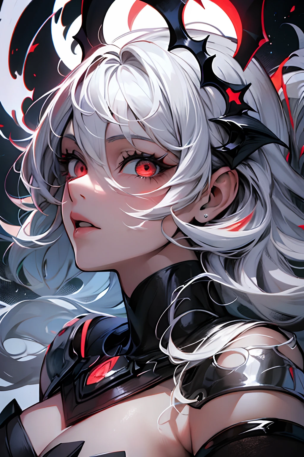 NSFW,obra prima, melhor qualidade, ultra detalhado, Absurdo, Colouring, 1girl, sozinho, (solid red eyes: 1.0), (cabelos brancos, Cabelos compridos, cabelos lisos, cabelo sobre um olho: 1.0), olhos detalhados, Olhos arregalados, Cilia, (parte superior do corpo: 0.8), monstro, Vista lateral, olhos brilhantes, bowed head, Noite, Terno preto, orelhas pontiagudas, horror, Escuro, fundo preto, Olhando para o Viewer, Corona, Alto contraste, Uplighting, (Levante-se: 0.8), aura, Fundo fractal, caothic, espiral, demon horns, energia, Mosaico, inferno
