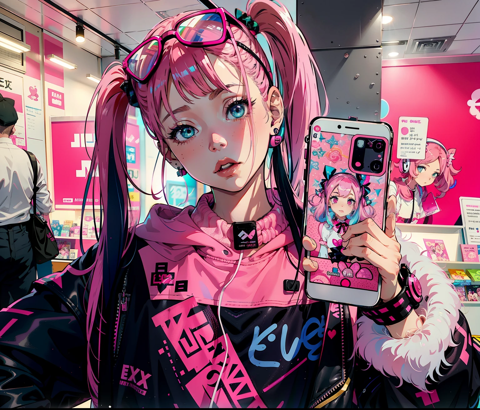 Alafe girl with pink hair and pink headphones holding mobile phone, Belle Delphine, With pink hair, pink twintail hair and cyan eyes, e - girl, e-Girl, jossi of blackpink, she looks like a mix of grimes, harajuku hair, Pigtails hairstyle, decora inspired, portrait of jossi of blackpink