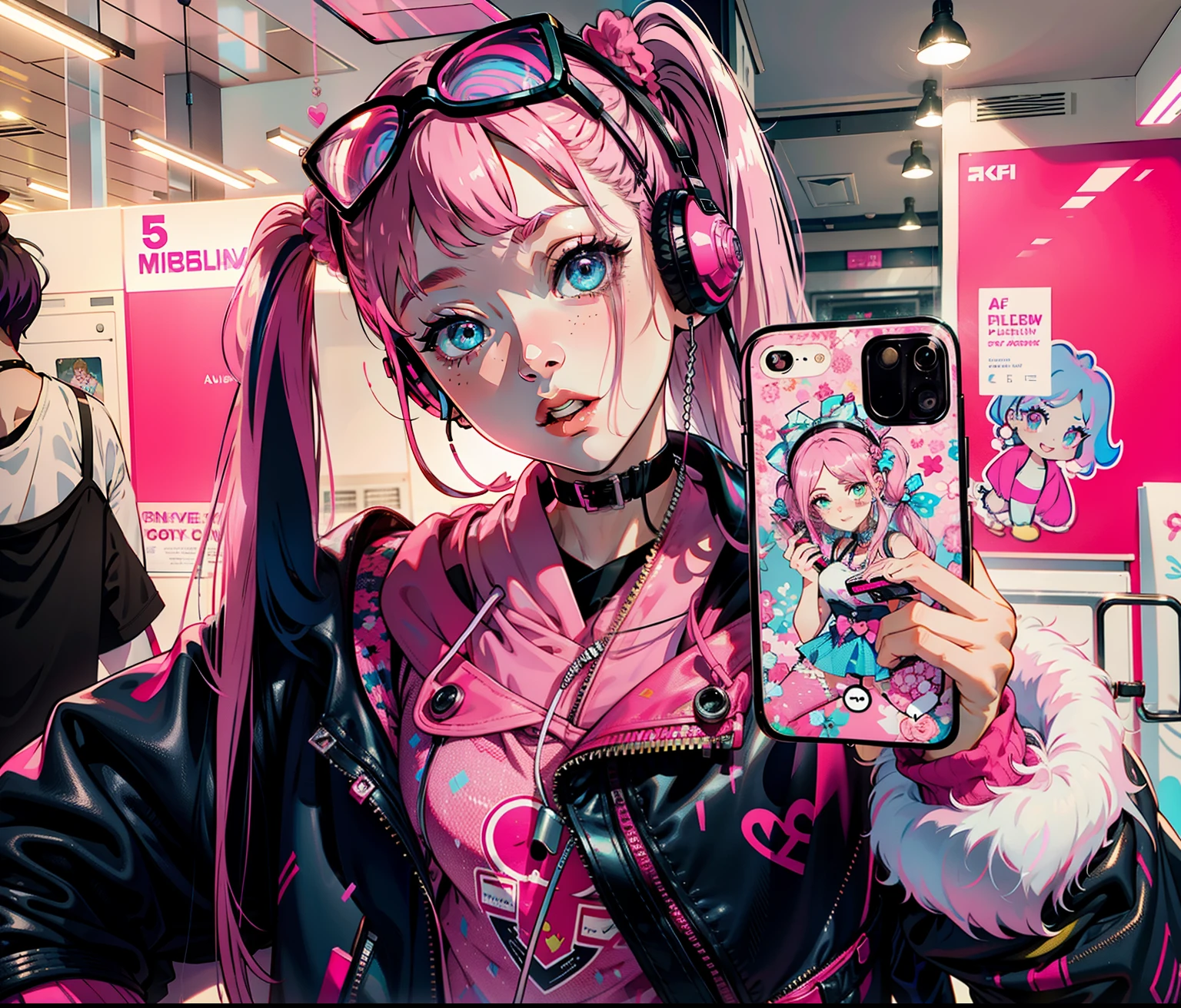 Alafe girl with pink hair and pink headphones holding mobile phone, Belle Delphine, With pink hair, pink twintail hair and cyan eyes, e - girl, e-Girl, jossi of blackpink, she looks like a mix of grimes, harajuku hair, Pigtails hairstyle, decora inspired, portrait of jossi of blackpink