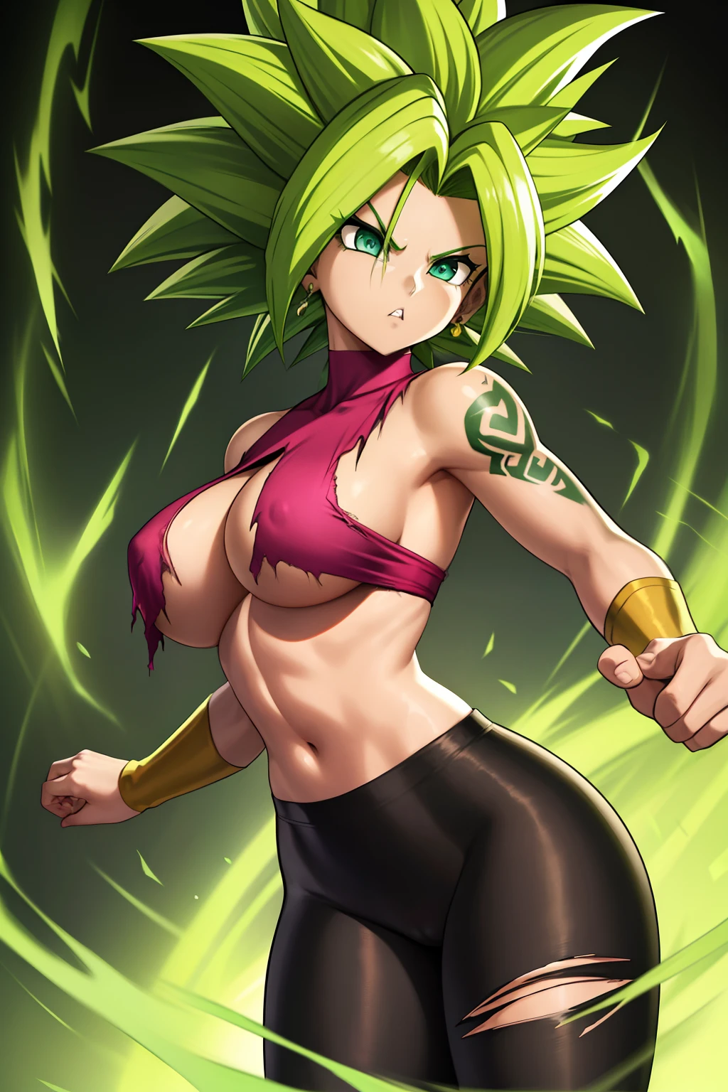 xyzkefla, super_saiyan, green_hair, green_eyes, 1girl, spiked_hair, energia, torn_clothes, joias, aura, leggings, roupa vermelha, dramatic, penhasco, olhando para o espectador  tiger person, giving a classic tattoo