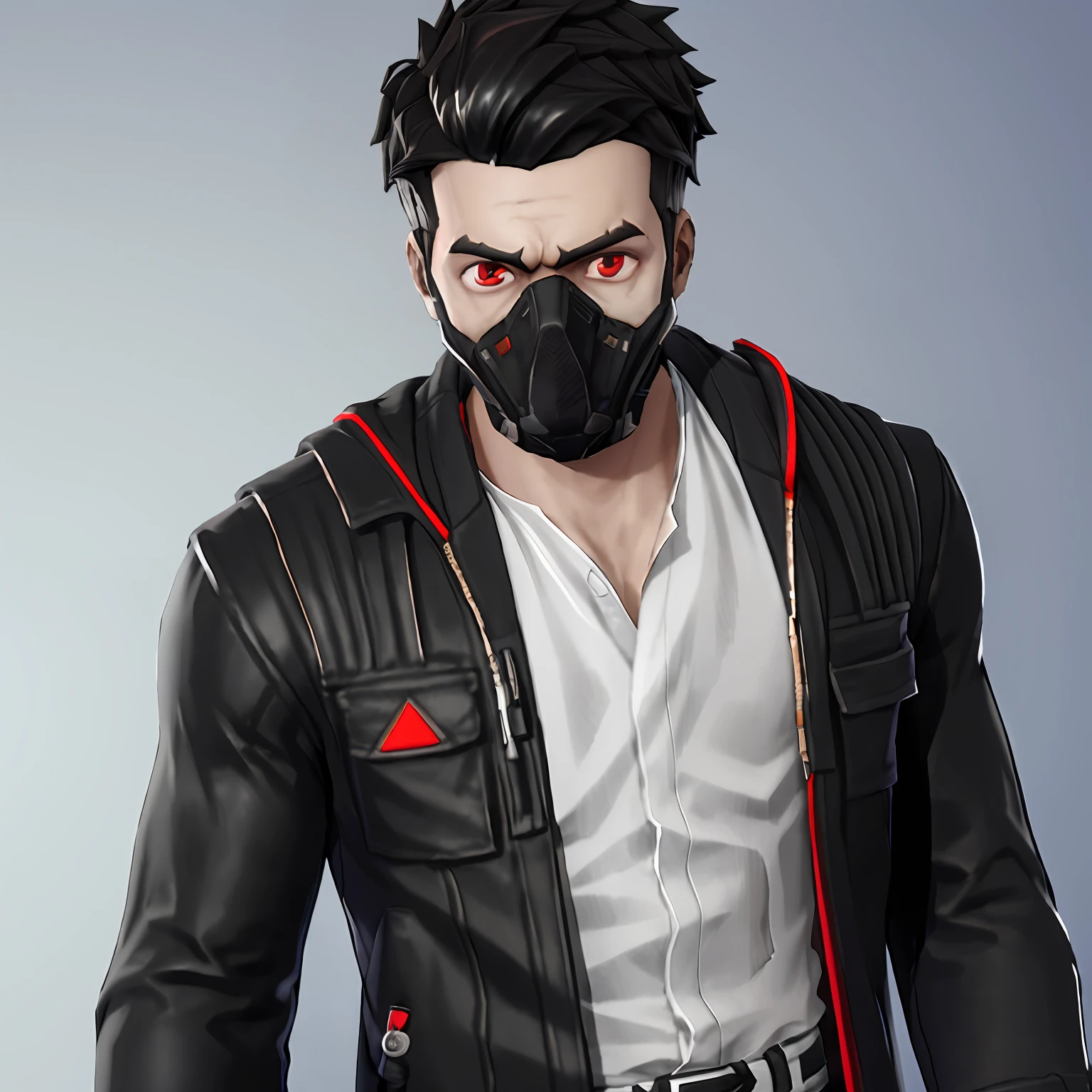 Teenager boy , have a black mask in his mouth ( black ClothMask ) , black jacket and white shirt, black pushed back hair , red eyes , looking forward , HD , Open black jacket over a full white shirt , anime style