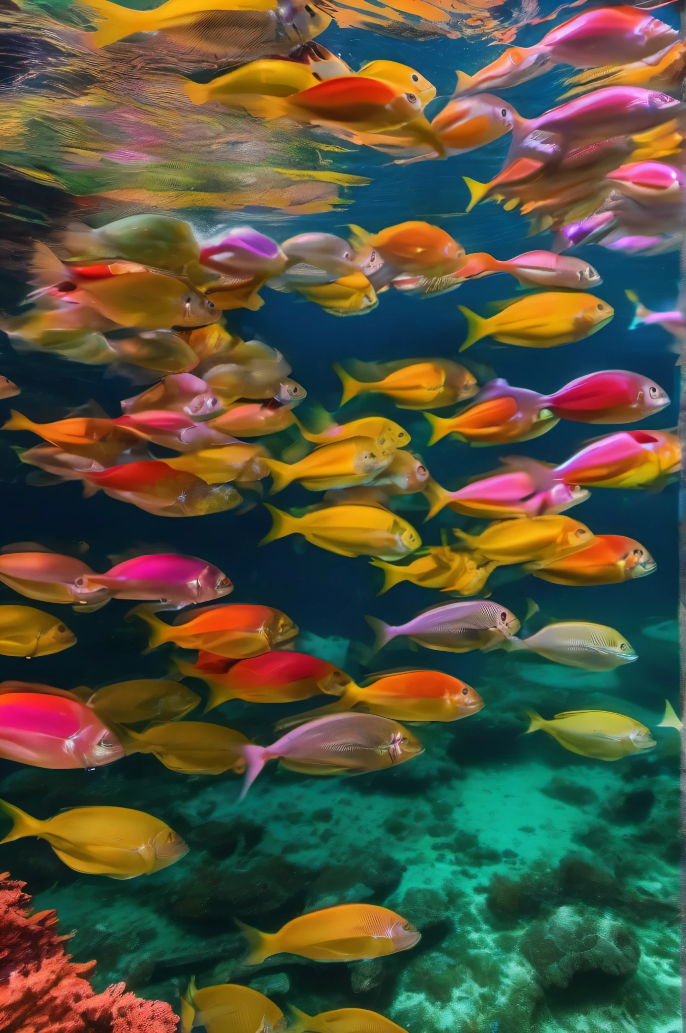 8k, Ultra Resolution, (((foto realista))), (((Cinematographer))), Dynamic colors, colores vivos,fondo del mar, mar profundo, corales, debajo del agua, in the sea, vida marina, algas detalladas, ostras, Lichens, medusas, peces, colores ultra vivos, colores vibrantes, colores vivos, luz fuerte, brillante, tranquilidad, serenidad, calma, movimiento, movimientos delicados de la vida marina