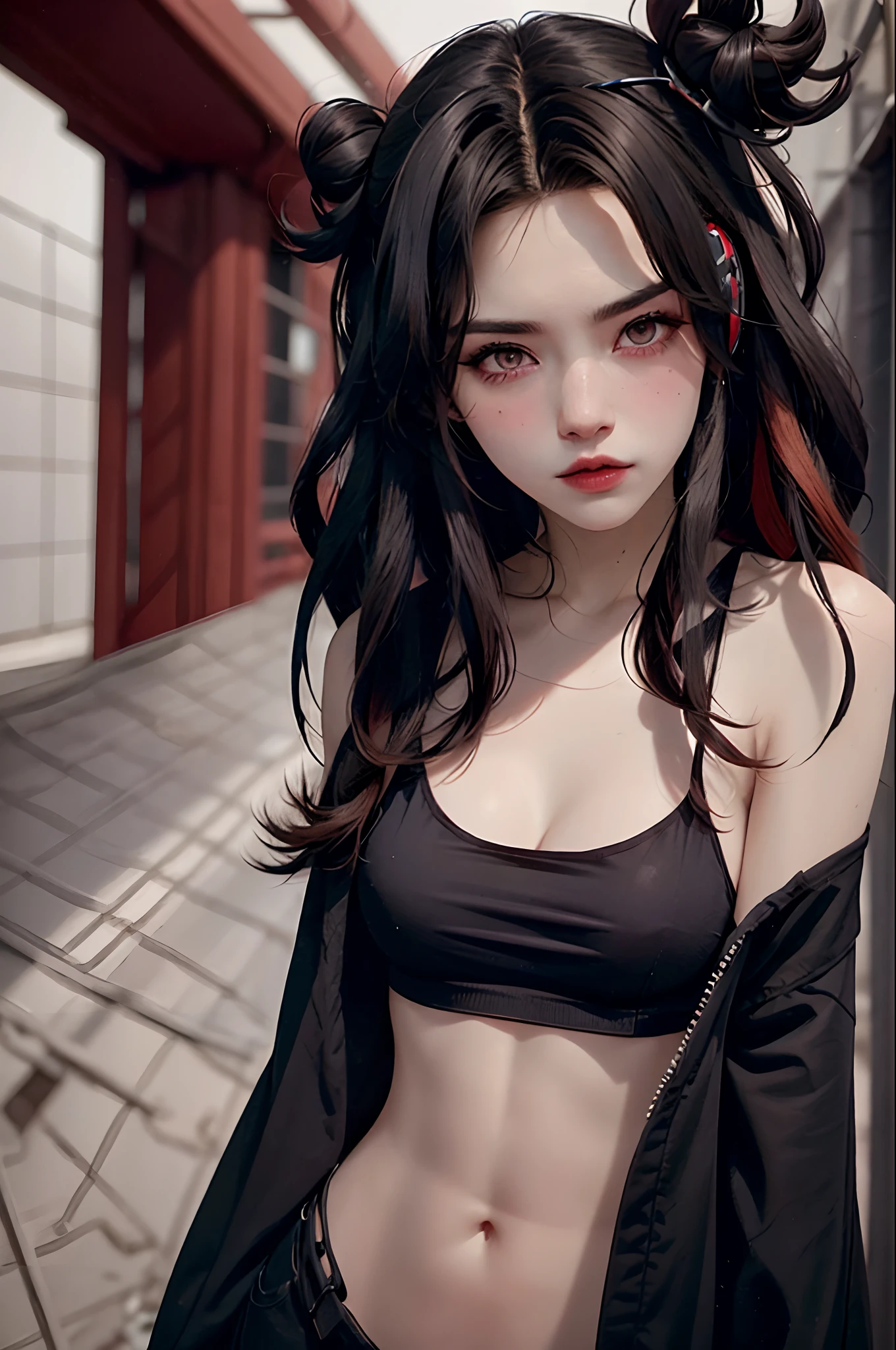 "Beautiful girl in a cyberpunk scene with medium-sized breasts and long hair, (wearing headphones.)Her hair is styled in split colors black and red resembling horns, and partially see-through with a pink tint."