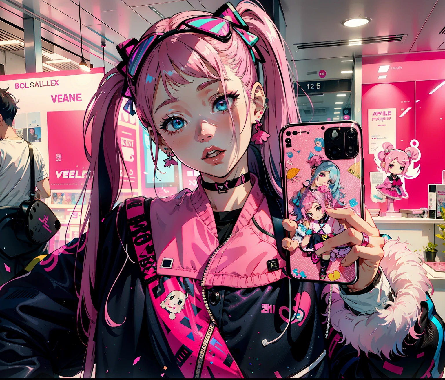 Alafe girl with pink hair and pink headphones holding mobile phone, Belle Delphine, With pink hair, pink twintail hair and cyan eyes, e - girl, e-Girl, jossi of blackpink, she looks like a mix of grimes, harajuku hair, Pigtails hairstyle, decora inspired, portrait of jossi of blackpink