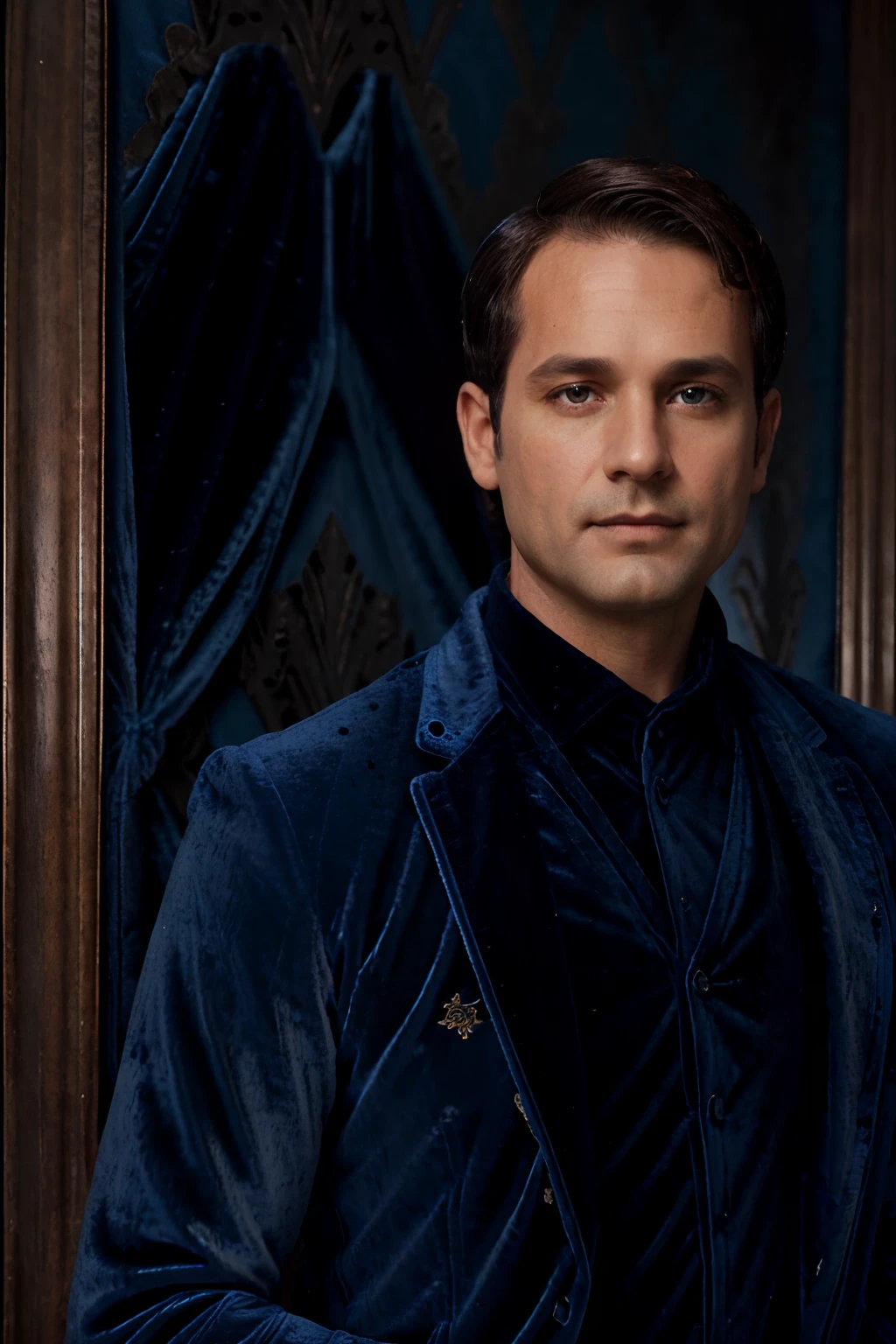 Portrait photo of a handsom man, (((45 years old))), short brown hair, (((bleu velvet suit:1.3))), ((black shirt:1.4)), (((no beard:1.3))), Dark blue backgroud.