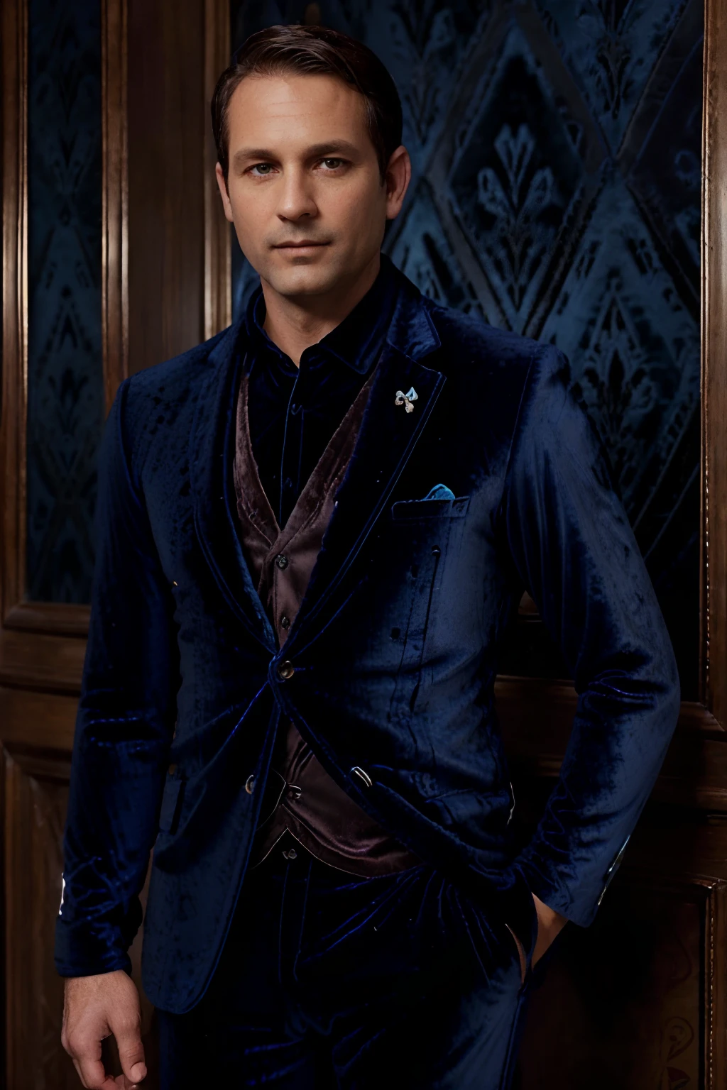 Portrait photo of a handsom man, (((45 years old))), short brown hair, (((bleu velvet suit:1.3))), ((black shirt:1.4)), (((no beard:1.3))), Dark blue backgroud.