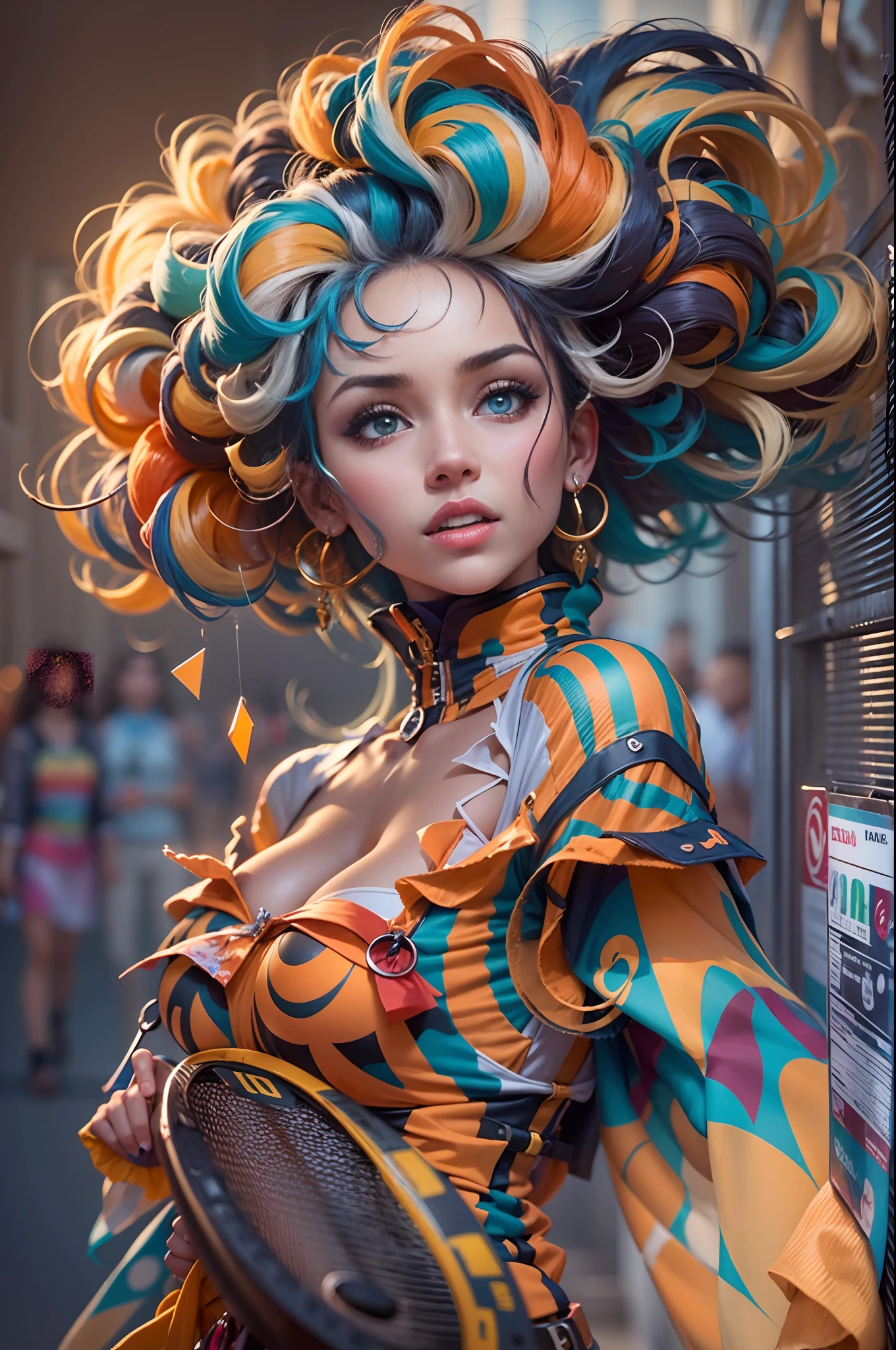 En un mundo virtual, una gran cantidad de datos pasan zumbando en todas direcciones., En el centro de la imagen, una mujer muy hermosa con un peinado colorido y un mono de colores brillantes mira el mundo que la rodea.. (La mejor calidad) obra maestra ((pechos muy grandes)) ((cabello rubio)) (cuerpo delgado)