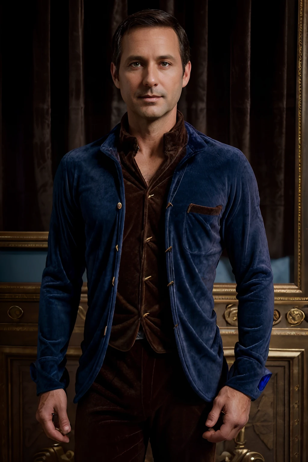 Portrait photo of a handsom man, (((45 year old:1.2))), short brown hair, (((Costume velours bleu:1.3))), black shirt, (((no beard:1.3))), Dark blue backgroud.