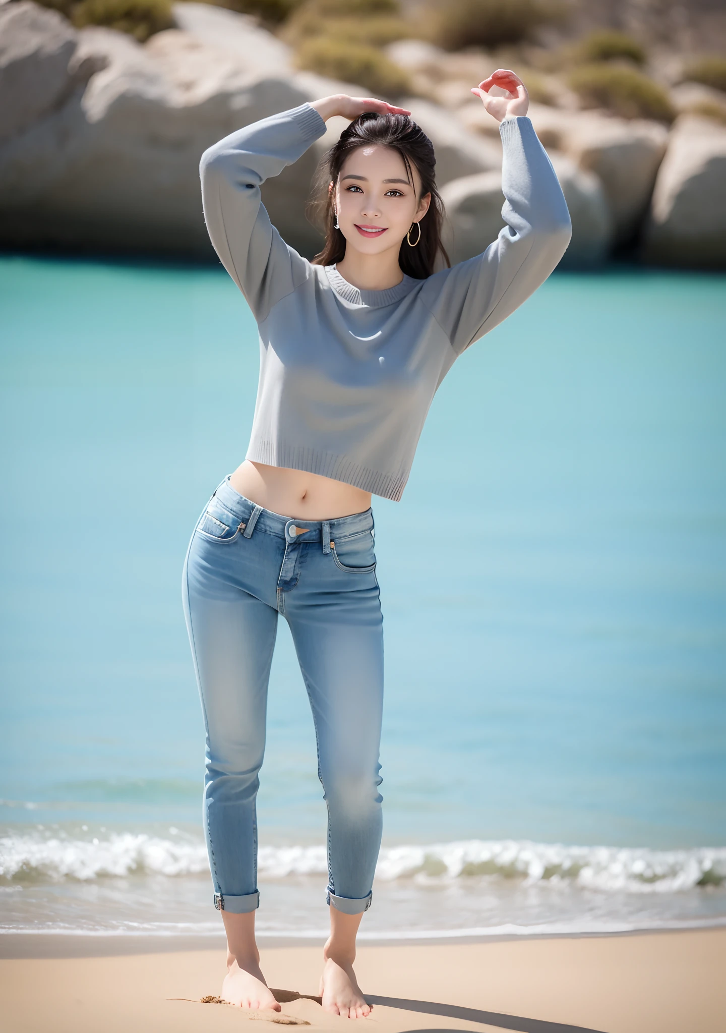 Woman in jeans on the beach,Practice yoga movements(Coquettish and feminine action),Full body shooting:1.8(RAW photogr,超高分辨率,8K,HD,tmasterpiece,best qualtiy),Complicated details, 20 years old Asian woman,Women wearing smoked gray cropped tight sweaters(Cultivation,Fit snugly to the body)and fashion jeans,Realistic and detailed costumes,Detailed beach,A sweet smile appeared on the little face,The face is white and tender,skin lightening,Ultra-realistic facial details,Beautiful accessories,White skin and beautiful appearance,The skin is as fat as jade,The face is delicate and watery,Playful and coquettish pose,The calves are straight and slender:1.5,Barefoot,White and tender toes:1.5,(The golden rooster stands independently,Raise your hands above your head,Clear armpits),eventide,warm color,Broad lighting,naturalshadow,taking a full body photo:1.8