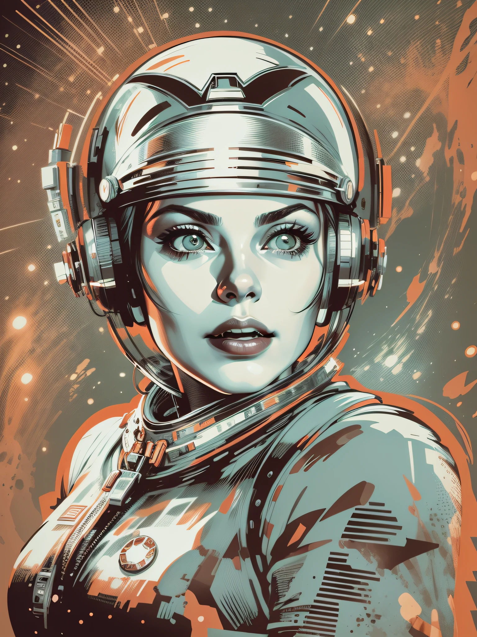 vector for t-shirt print of a female face style sci-fi movies from the 50s, style image from old movies from the 60s, image with white background, highlight for styled image of space movies from the 50s and their look