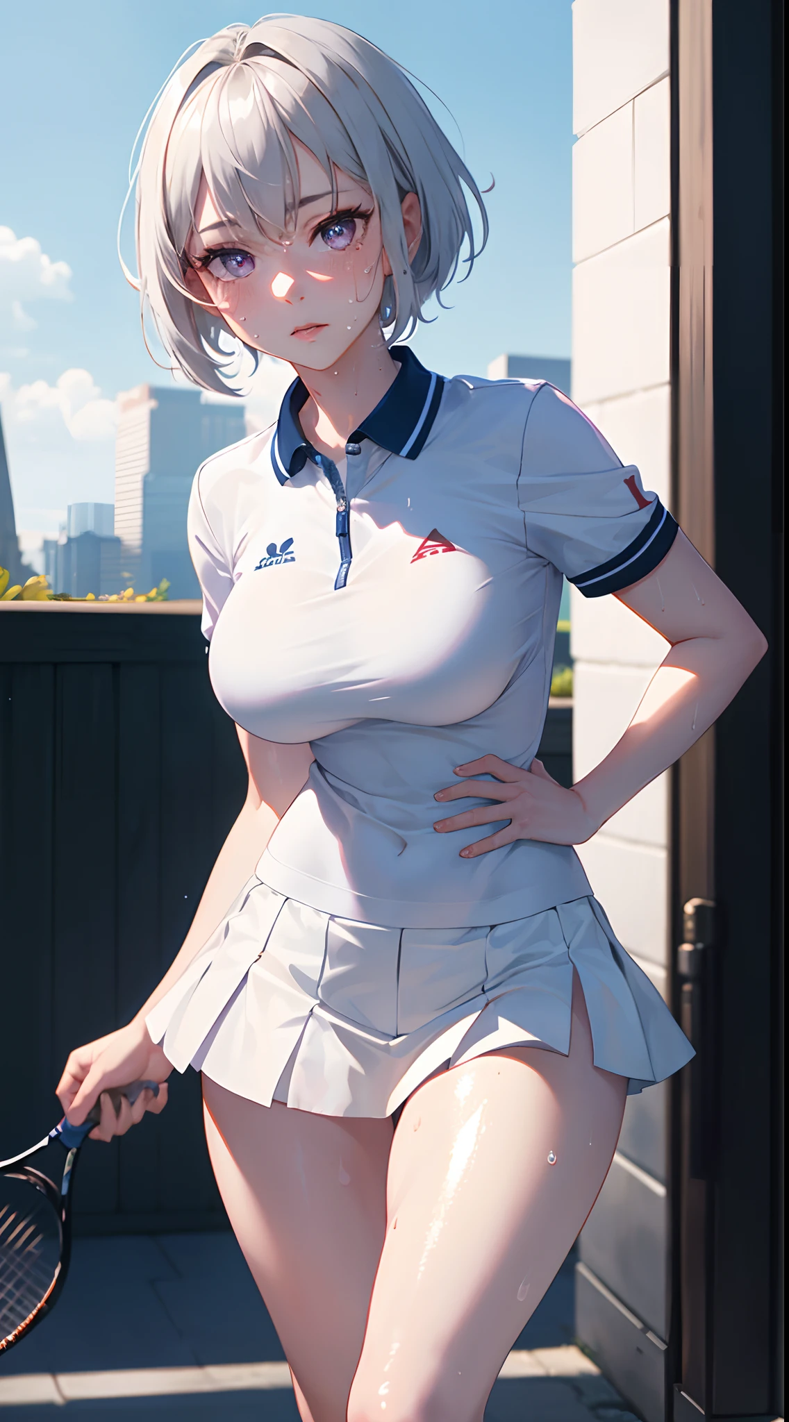 1girl, solo, white polo shirt, white sneakers, tennis wear, white miniskirt, masterpiece, best quality, realistic, hyper-detailed, (shiny skin, sweaty:1.4), absurd, looking at viewer, short white hair, purple eyes, slender, dynamic lighting, high resolution, sharp focus, depth of field, detailed eyes, sharp pupils, realistic pupils, (average breasts:1.6), (thick thighs:1.0), outdoor, sky