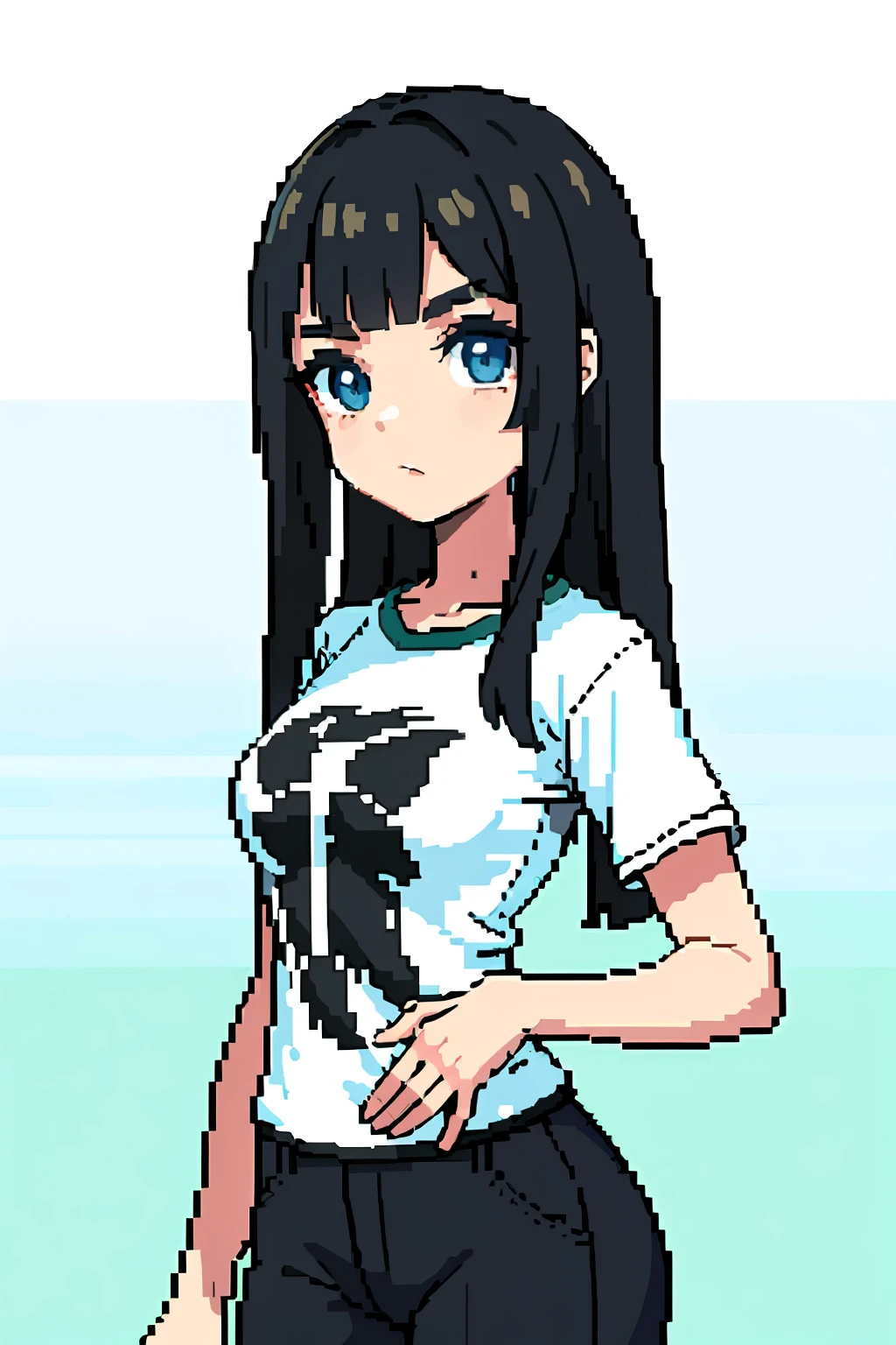 （nmasterpiece，topo Quoridade，Melhor qualidade），Pixels，pixelarte，1girl，Corpo inteiro，cabelo preto longo，faca, (((camiseta preta))), pixel arte