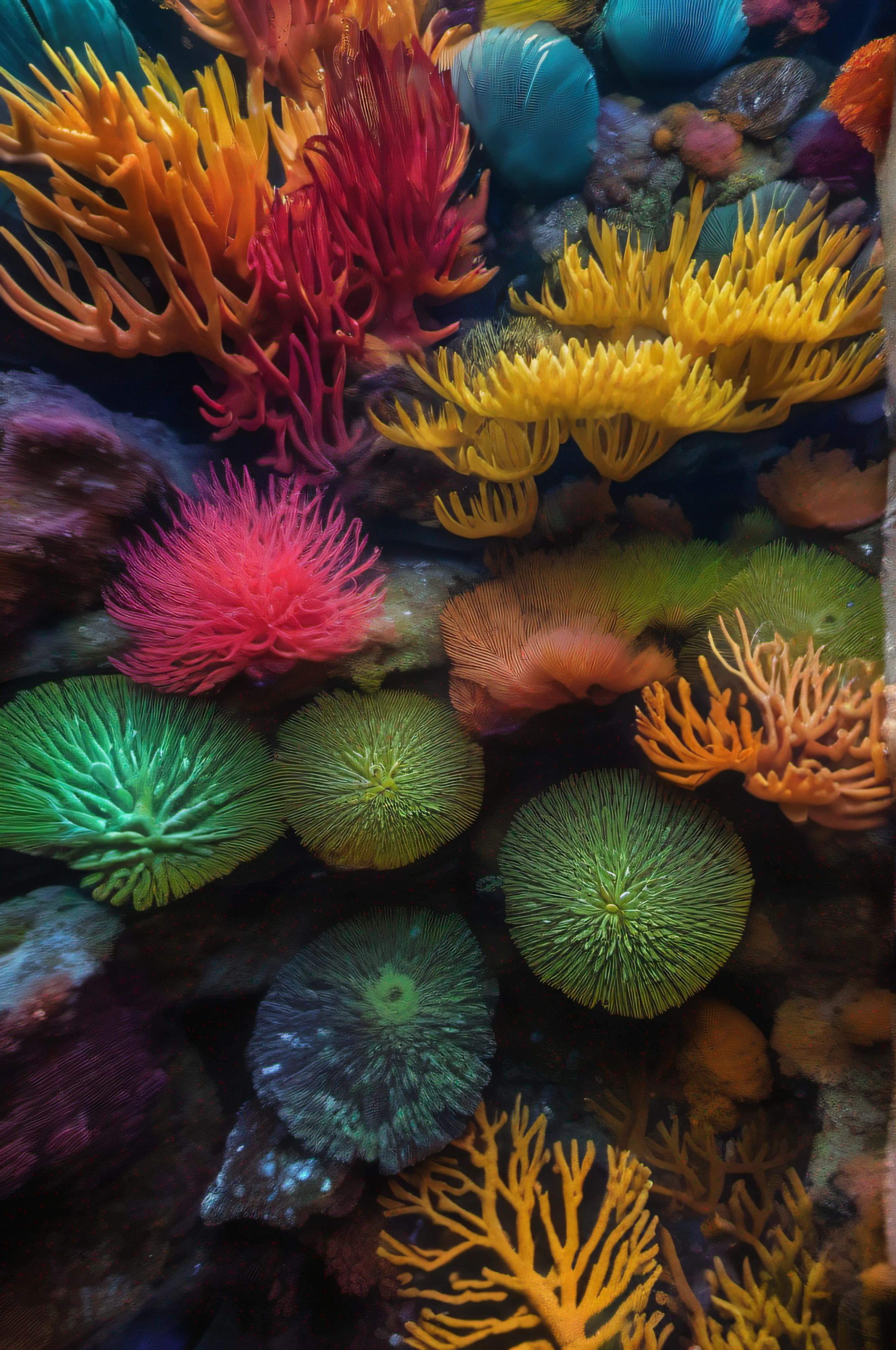 8k, Ultra Resolution, (((foto realista))), (((Cinematographer))), Dynamic colors, colores vivos,fondo del mar, mar profundo, corales, debajo del agua, in the sea, vida marina, algas detalladas, ostras, Lichens, medusas, peces, colores ultra vivos, colores vibrantes, colores vivos, luz fuerte, brillante, tranquilidad, serenidad, calma, movimiento, movimientos delicados de la vida marina
