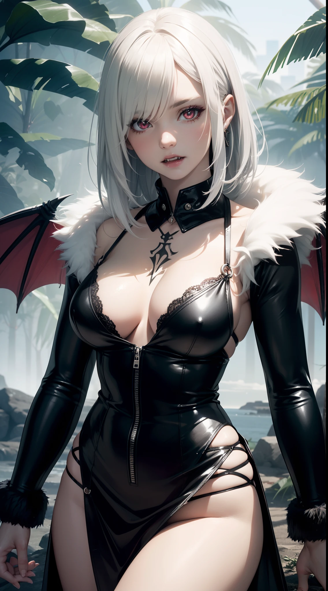 realistic photo of slaved (savage, tribal, jungle)_vampire with (white hair), bat fur, coat|wings, ((fangs)), colorful extremely_detailed_(tribal, jungle)_tight_(lacy, leather, fur, silk, satin, latex)_(clothing, skirt), high collar, detailed face, detailed beautiful shiny red eyes, slit pupils, metallic reflections, ((tatooed, marked)_with_shining_runes)_fit_muscular_body, shiny skin, tropical city ruins fog, 1girl, natural breasts, medium length white hair, masterpiece, best quality, beautiful and aesthetic:1.2, fractal art:1.4