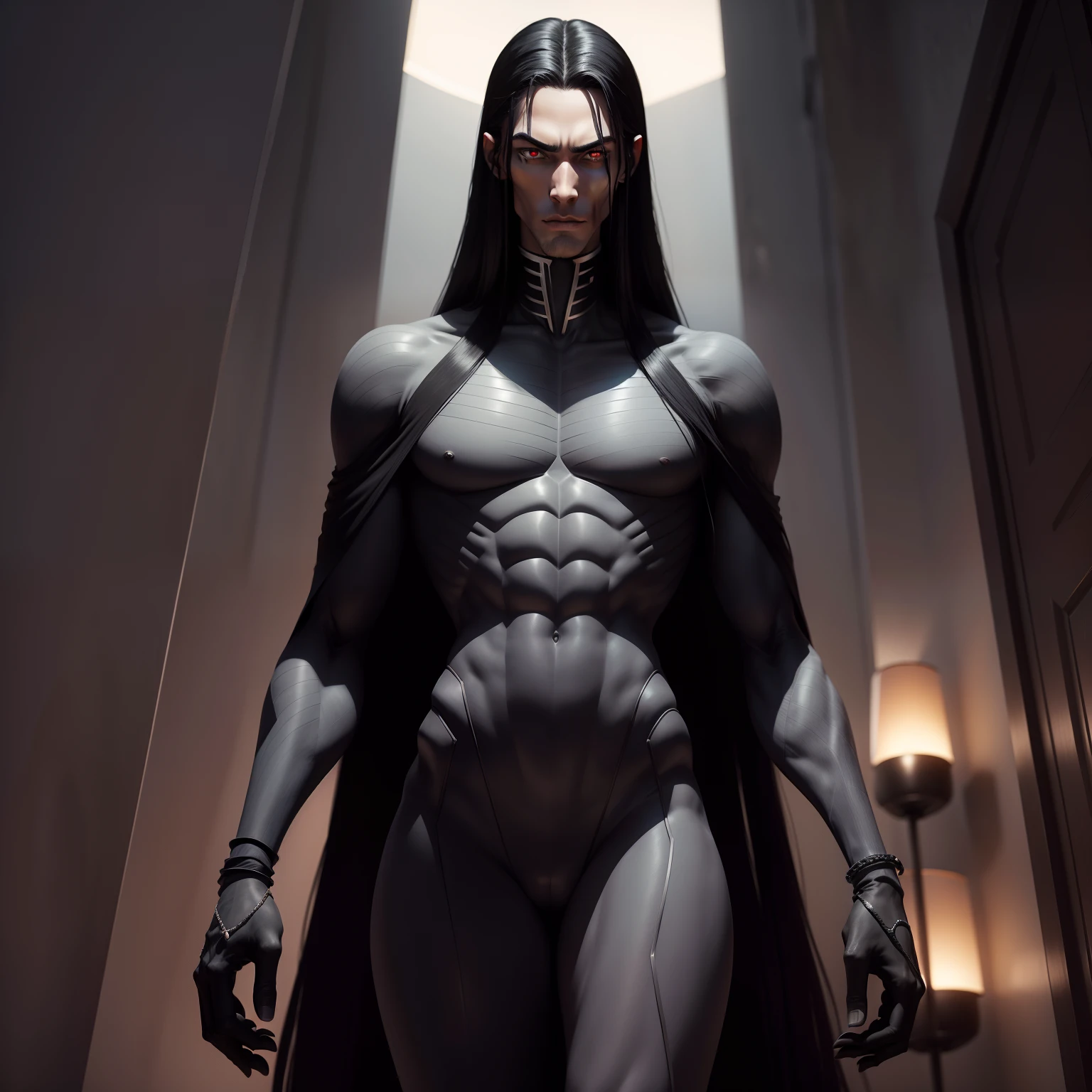 A 9 foot tall man. Gray skin. Black scolera. Red iris. Snake tongue. Snake eyes. Long black hair. Grey skin. Skinny tall man. Long arms and legs. Suit attire. Slightly creepy. Gentle. Dark skin. Black skin.