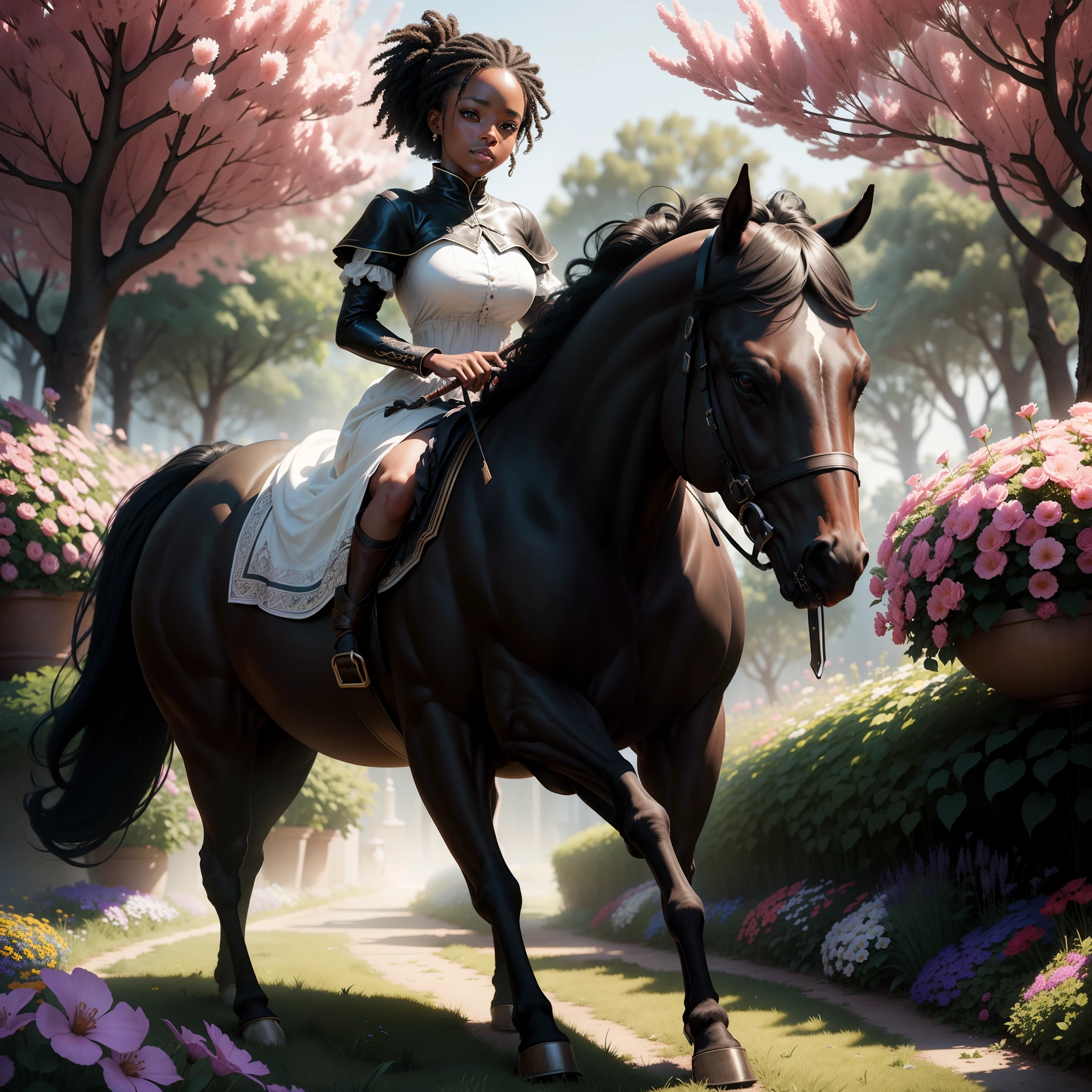 Happy beautiful black baby girl riding a horse in a garden of flowers, minimal light piercing through to give a colourful and vibrant image, 12k, ultra HD, unreal engine rendered, cinematic lighting, artgerm style,