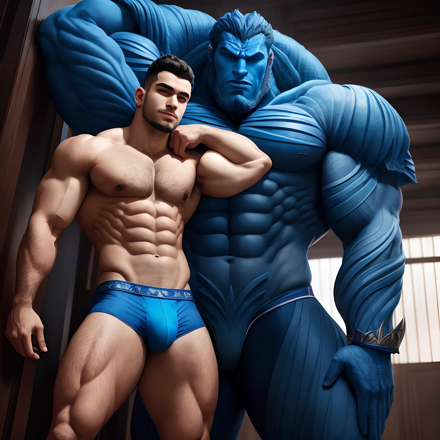 arafed man in a blue underwear posing for a picture, roman vlasov, massive legs towering over you, drachenlord, immense, beautiful face + symmetry face, non-pleated section, iranian, incomprehensible and frightening, muscle tissue, fibbonacci, this is a monster, , Gigachad