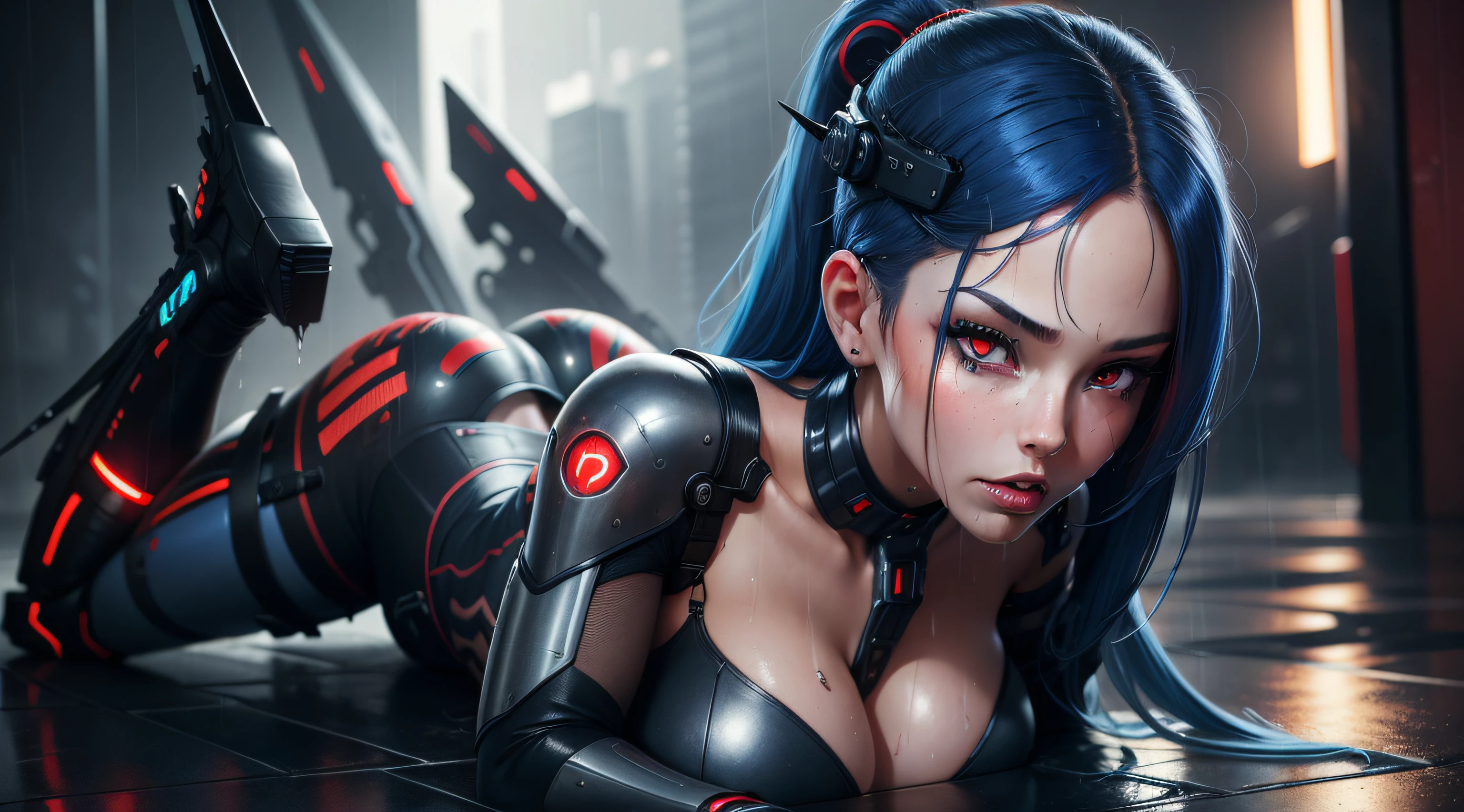 sexy cyborg girl , extremely realistic , seductive , parasite, red eyes , blue hair , wet , rain , blade , cum ,