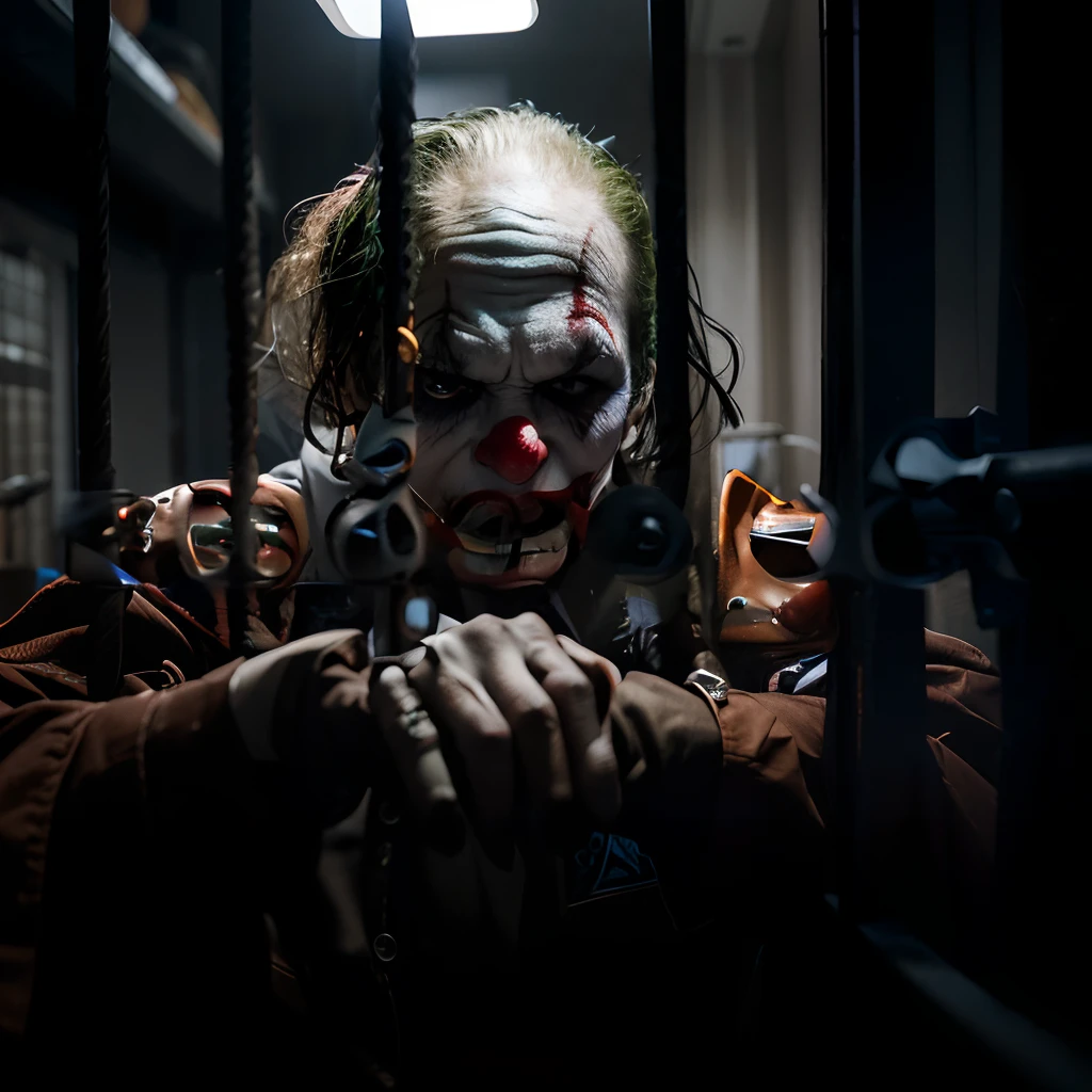 "A close up of a menacing face in a jail cell, reminiscent of the Joker from the film 'Joker' (2019)."