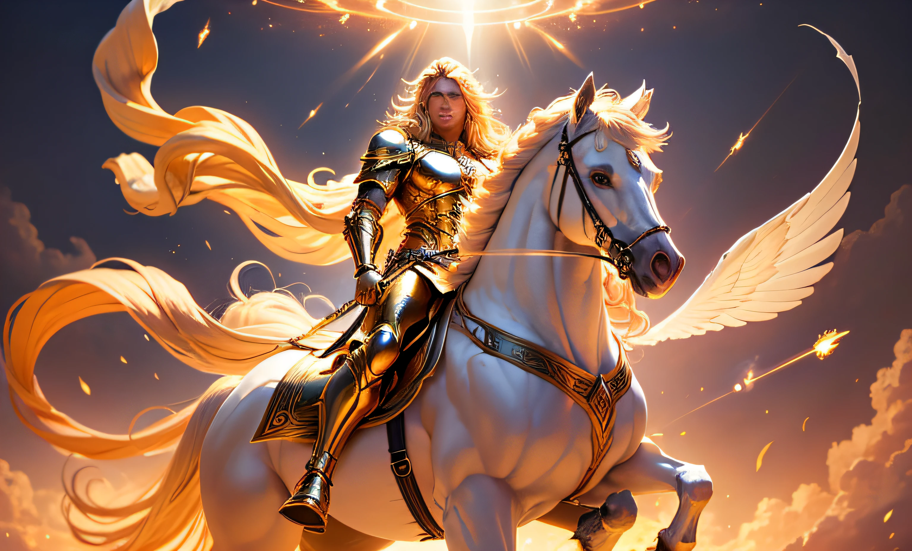 A God of light, justice and wisdom, who wears golden armor, with a blonde mane that flutters in the air, has an ethereal aura and his figure transmits peace and power
