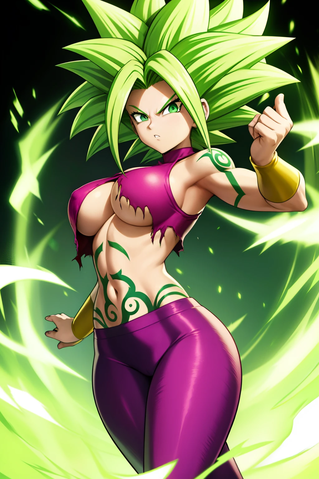 xyzkefla, super_saiyan, green_hair, green_eyes, 1girl, spiked_hair, energia, torn_clothes, joias, aura, leggings, roupa vermelha, dramatic, penhasco, olhando para o espectador  tiger person, giving a classic tattoo