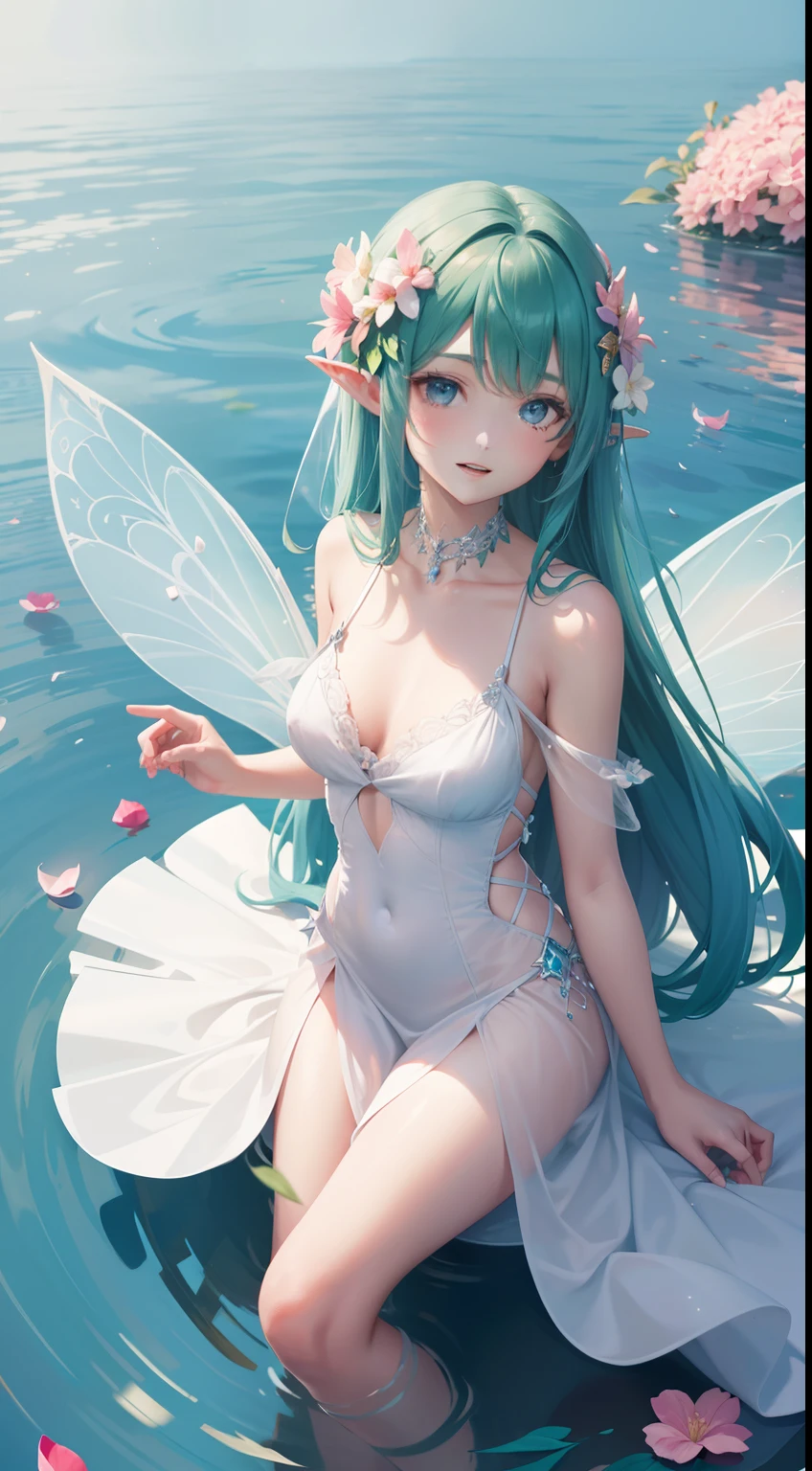 elegant fairy girl in the middle of a flower petal covered lake