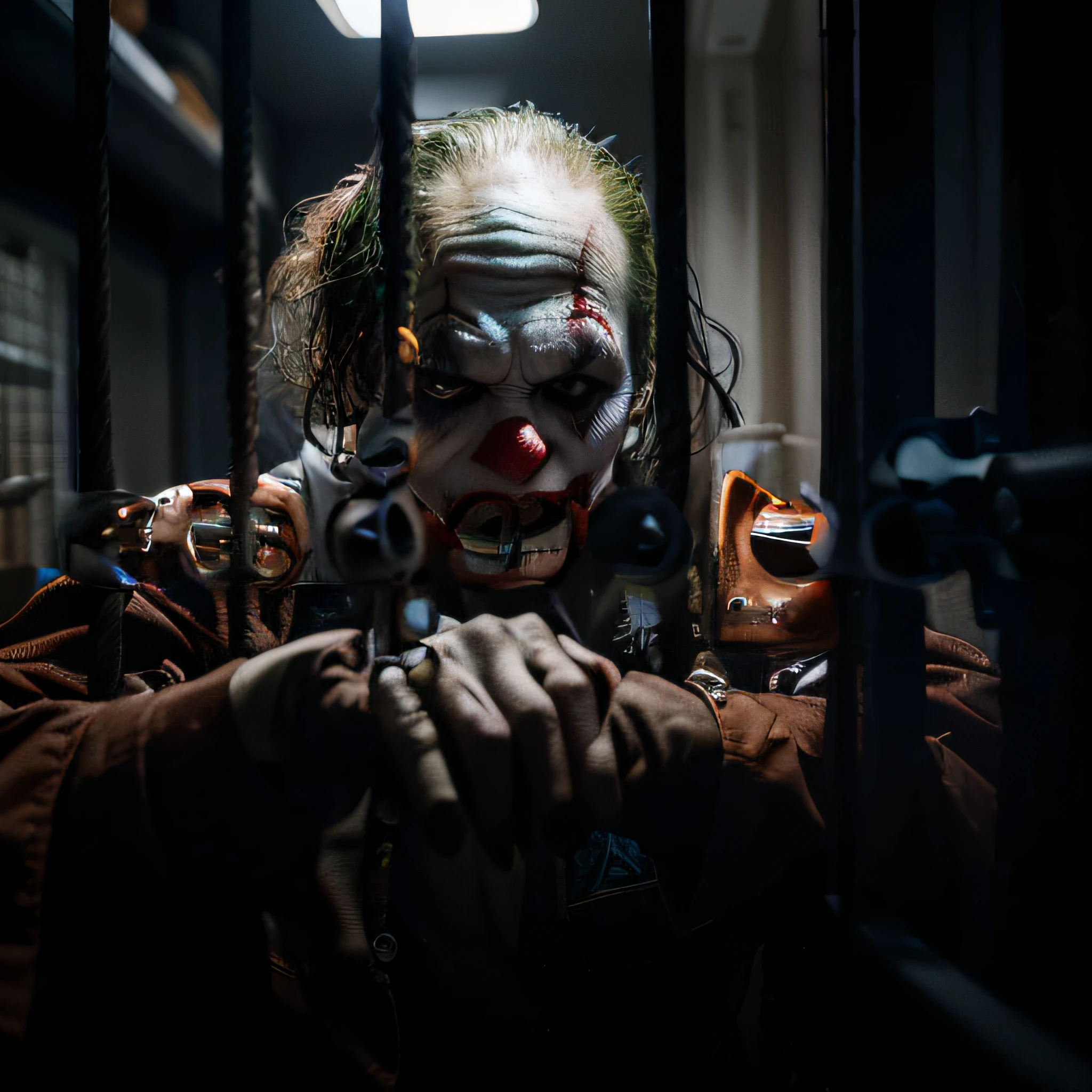 "A close up of a menacing face in a jail cell, reminiscent of the Joker from the film 'Joker' (2019)."