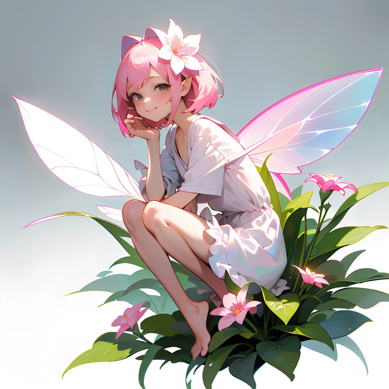 absurderes, hight resolution, (Anime style:1.1),((masutepiece)), ((Best Quality)), (Ultra-detailed), (Beautiful),((Kawaii Girl)、Top image quality、​masterpiece、Flat background、without background、full body Esbian、女の子1人、独奏、cute little、50mm portrait、Delicate facial features、semi - realistic、foco nítido、Crystal clear white skin、full body Esbian、(Hair color pink)、Flower Garden、Smell flowers、are flying、(A small fairy with a total length of about 10 cm:1.2)、(gently smiling)、Detailed eyes in pink color、(bare-legged)