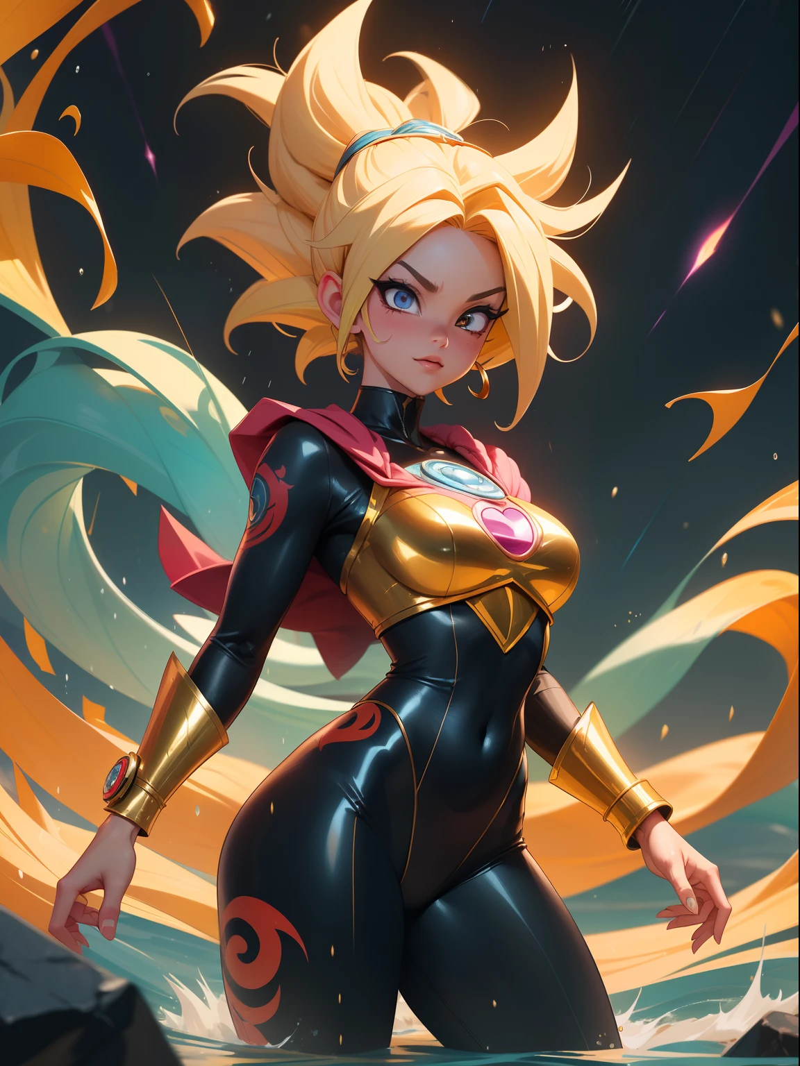 {((Foto de corpo inteiro, flat feet, corpo reto, estilo anime de Dragon Ball))}, {((Laura/female, seios grandes, extremamente bonito))}, ((Super Saiyajin Instinto Superior)) {(( she is transformed into a Super Saiyan wearing a Goku children's suit / extremamente apertado em seu corpo, emanating golden magical aura circling furiously around his body))}. Fundo, city completely destroyed at night raining heavily. Their clothes are soaked in water, {(she is looking at the viewer, sorrindo, punhos cerrados, Concentrating Magical Aura, em pose de ataque frontal)}. Anime Dragon Ball, alto detalhe, anime, 16k, UHD, retina, retina, ccurate, anatomicamente correto, pele texturizada, super detalhe, alta qualidade, premiado tattoo of Hannya with flowers and sea waves