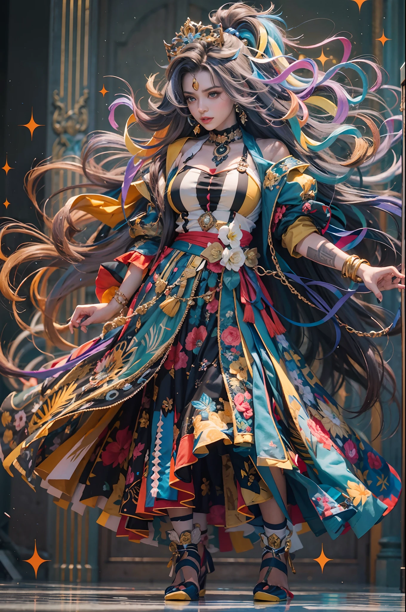 En un mundo virtual, una gran cantidad de datos pasan zumbando en todas direcciones., En el centro de la imagen, una mujer muy hermosa con un peinado colorido y un mono de colores brillantes mira el mundo que la rodea.. (La mejor calidad) obra maestra ((pechos muy grandes)) ((cabello rubio)) (cuerpo delgado)