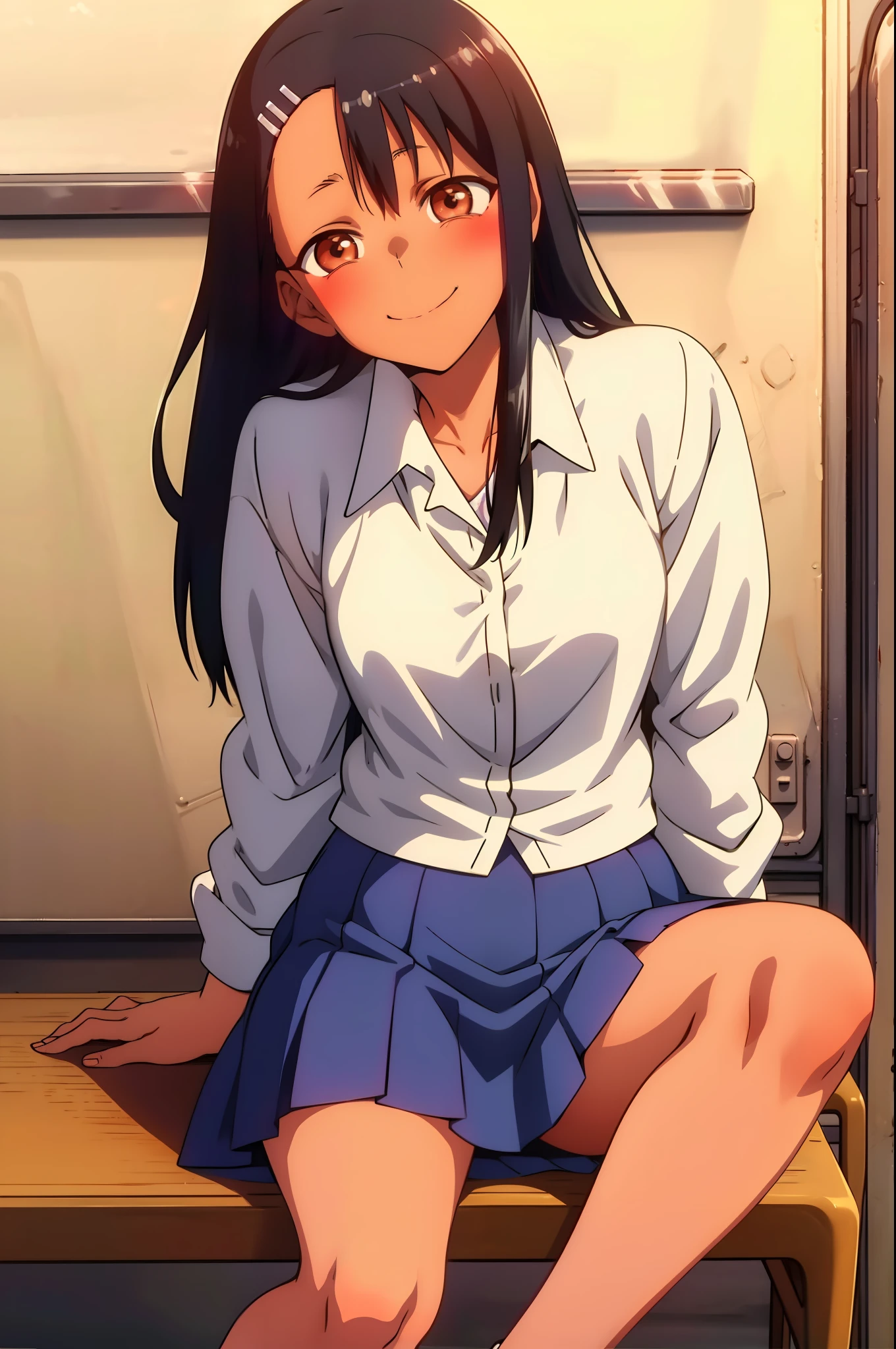 Nagatoro hayase, 1girl, standing, white shirt, blue skirt, smiling, black hair, brown eyes, long hair, sitting, legs crossed, hands behind back, leaning towards camera, blush, bare legs, black shoes, schoolgirl, in school, masterpiece, detailed, high quality, (sitting on blue cousch)