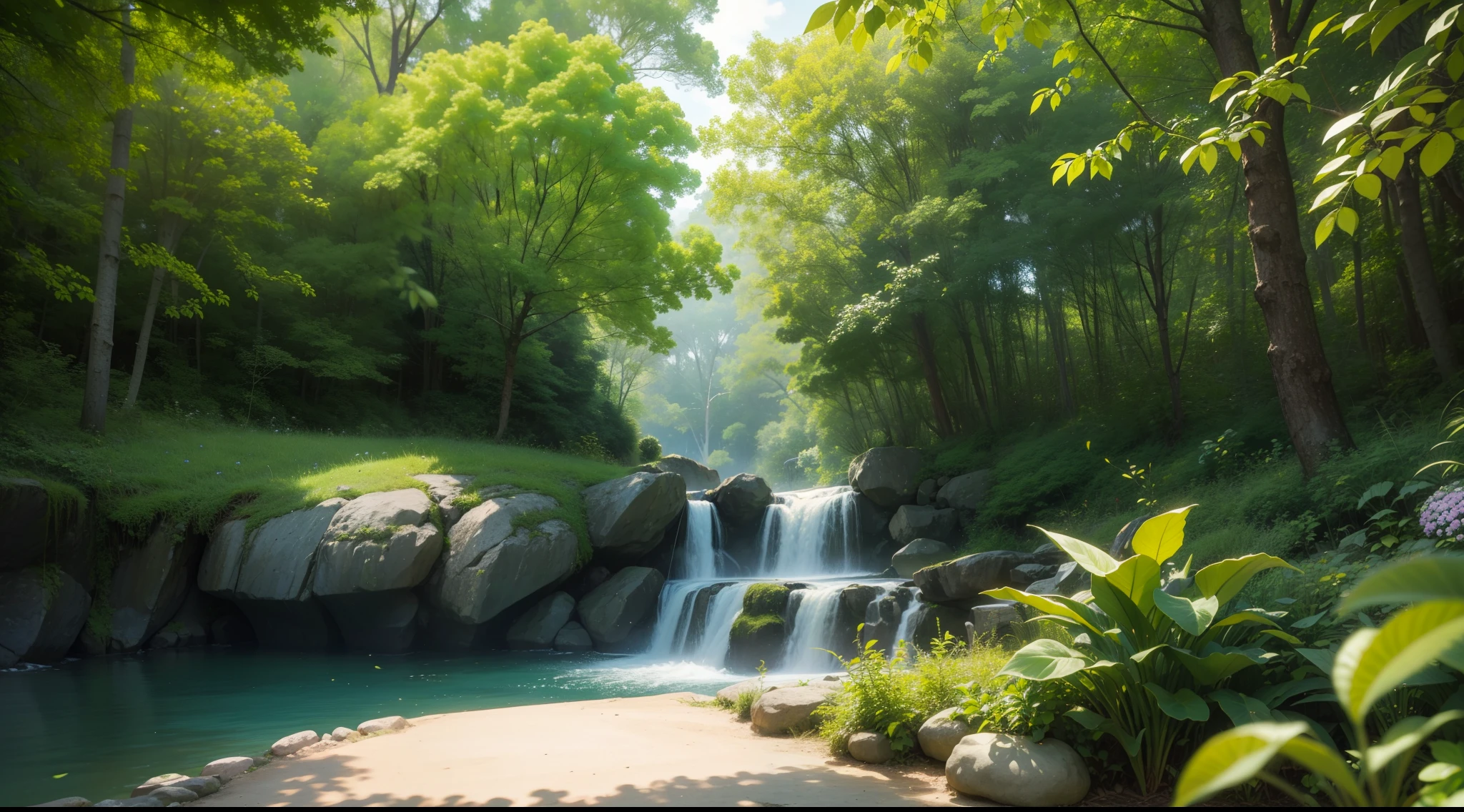 "um jardim encantado com cogumelos e vaga-lumes, insetos e flores, paisagem ultra realista em 8k, ambiente encantador"