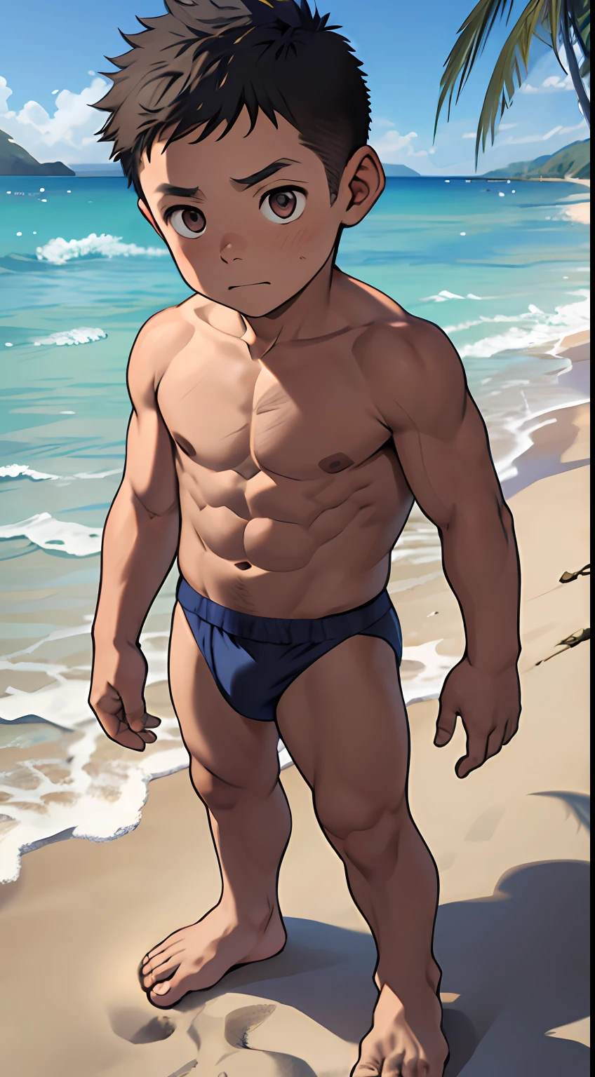 (masutepiece, Best Quality),1boy,(younge boy,child-faced,Boy's face),a baby face,infancy,sideface,Boy Standing On The Beach In Swimsuit,infancy,young age,short round face,Flat chin,finely detaild face,well-muscled,short-hair,radiant eyes,opens his eyes wide,with an intricate,full body Esbian,nakeness,Abs pectoral muscles,vivd colour,(depth of fields:1.2),(Abs),Full body portrait looking up at the sky
