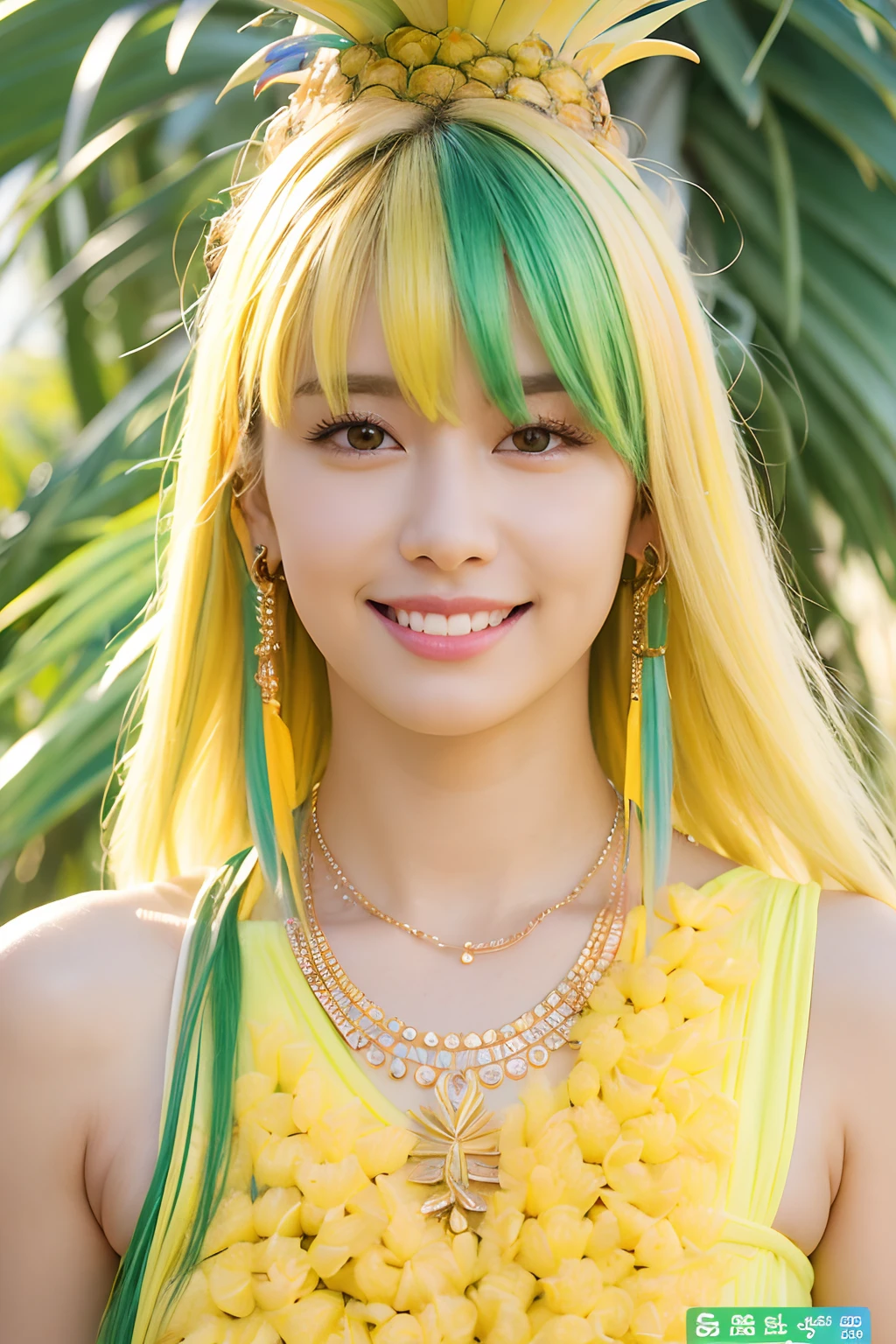 (extra detailed body、extra detailed face、best qualtiy:1.2)、femele、looking at the viewers、(Yellow and yellow-green gradient hair color、a smile、ars、Piercing of bird feathers up to the shoulder、a necklace、colourfull)、(Lots of pineapples in the background)