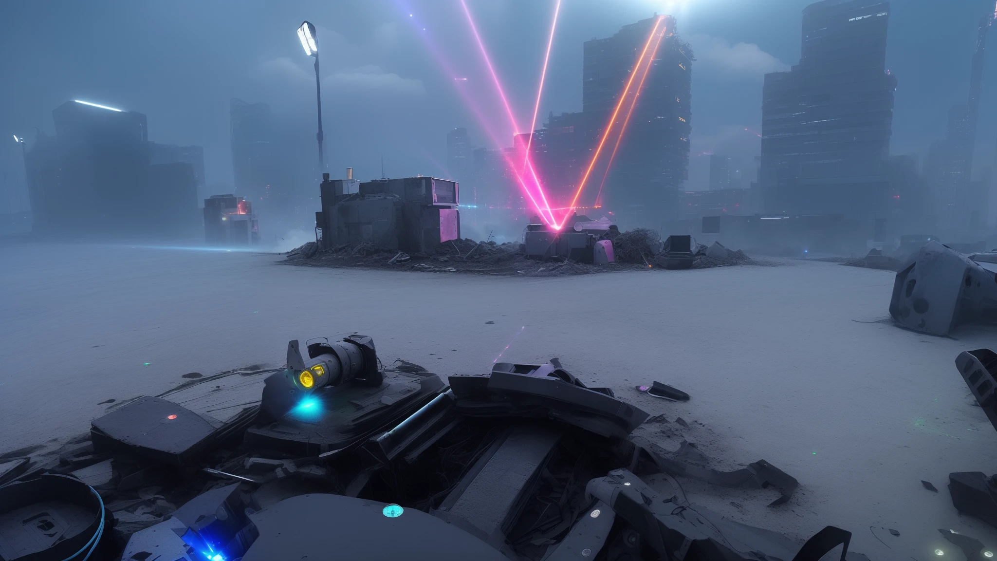 ((tmasterpiece)), (in detail),, (cosmic), ((Colored spotlights and lasers shine into the sky and block)), Mechanical warfare, Battlefield, destruction, apocalyptic, (futuristic cyberpunk),terror, (Urban ruins: 1.2), ((( Realistic asphalt and ground, Ultra Detail in the Near Future, (Realistic spotlights illuminate the clouds at night), RTX, ciberpunk, ((Dynamic light from spotlights and lasers in the sky)),