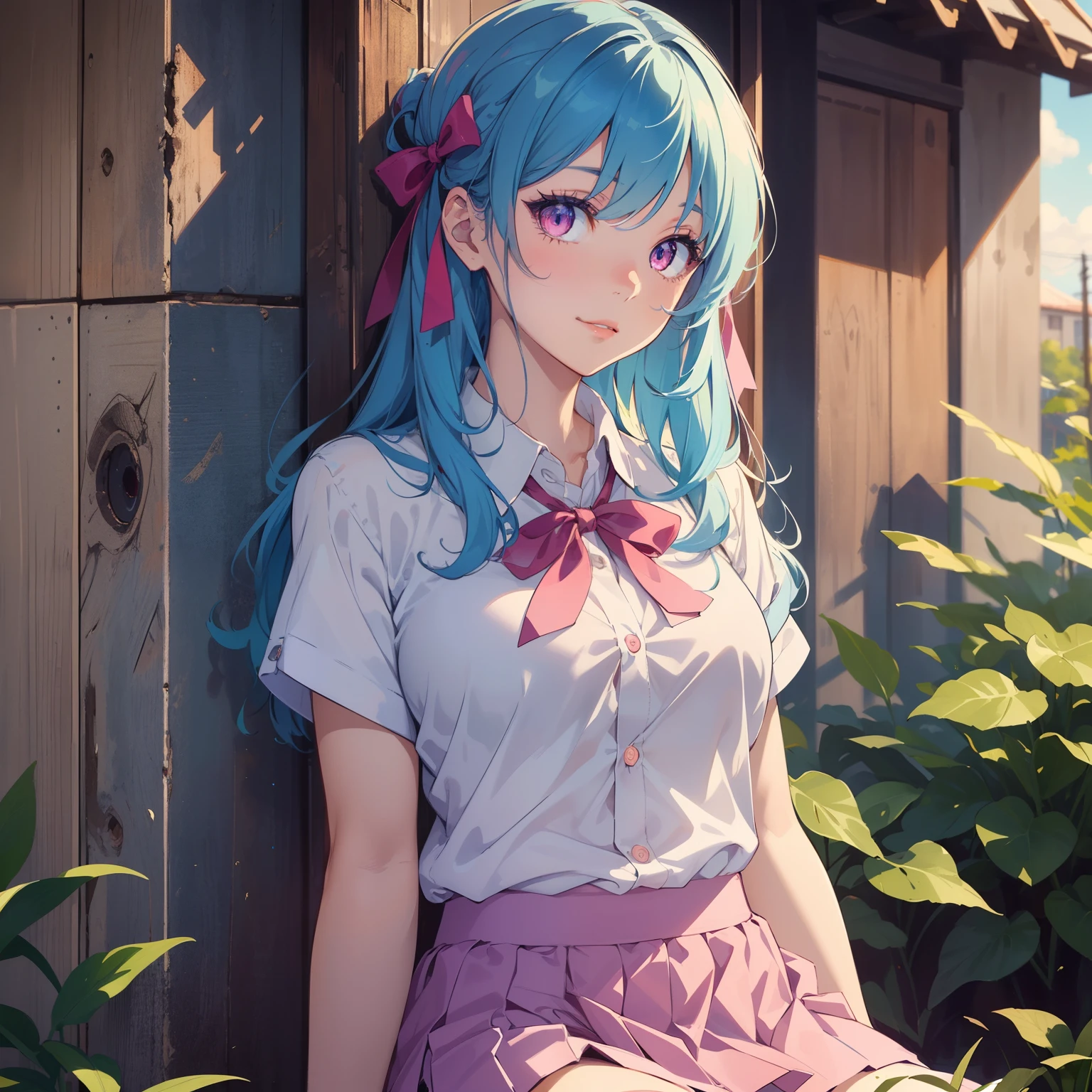 (finely detailed beautiful eyes and detailed face,masterpiece sidelighting,masterpiece,best quality,detailed,high resolution illustration),
(1girl,whole body,bishoujo,lustrous skin,looking down,looking at viewer),
(sky blue hair,pink eyes,short skirt,ribbon,button shirt)