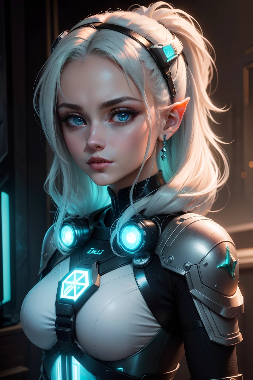 ultra detalhe, high resolution, ultra detalhado, melhor qualidade, Amazing, Qualidade Superior, extremamente detalhado CG 8k unidade de papel de parede, Cinematic lighting, Link Cyberpunk de Zelda, Cyberpunk, white clothing, armadura branca, Neon Berde, cabelos brancos, olhos azuis brilhantes, auro sintilante verde esmeralda.