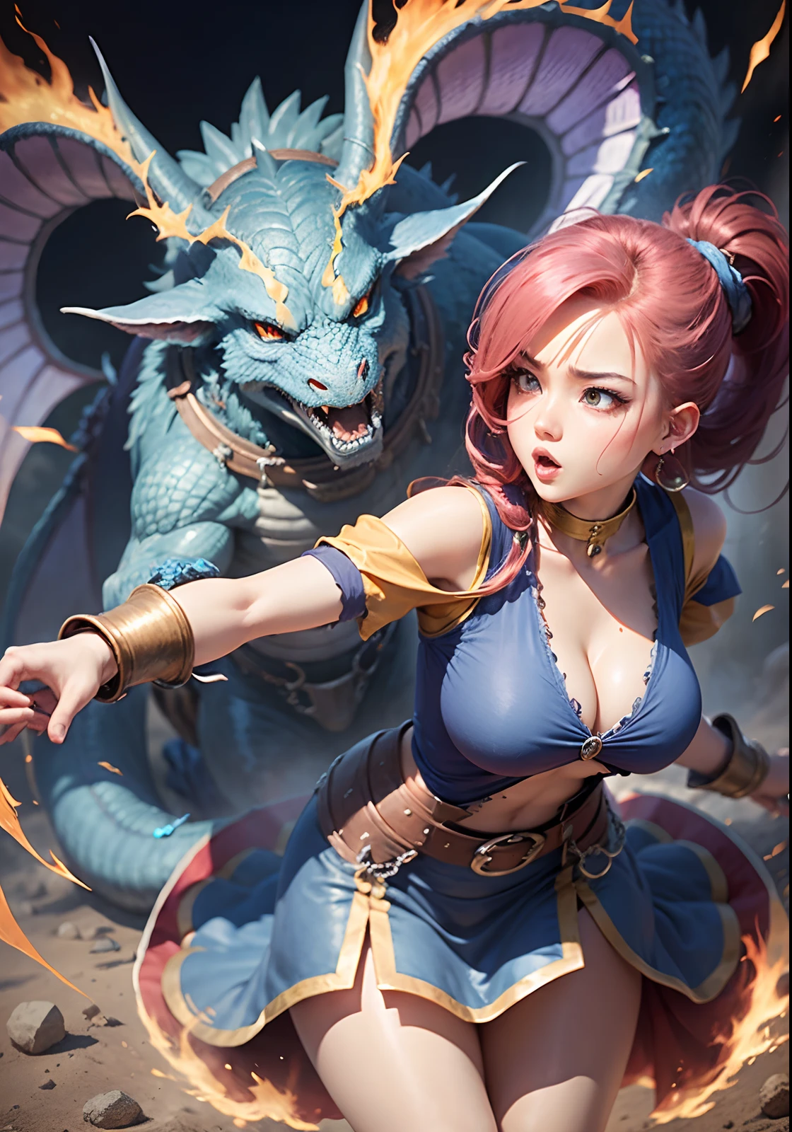 Dragon Quest World、Glamour girl、Red-headed twin-tailed、Sorcerer、Coming towards us while burning、huge-breasted、Blue shirt、long skirt、battle action、
