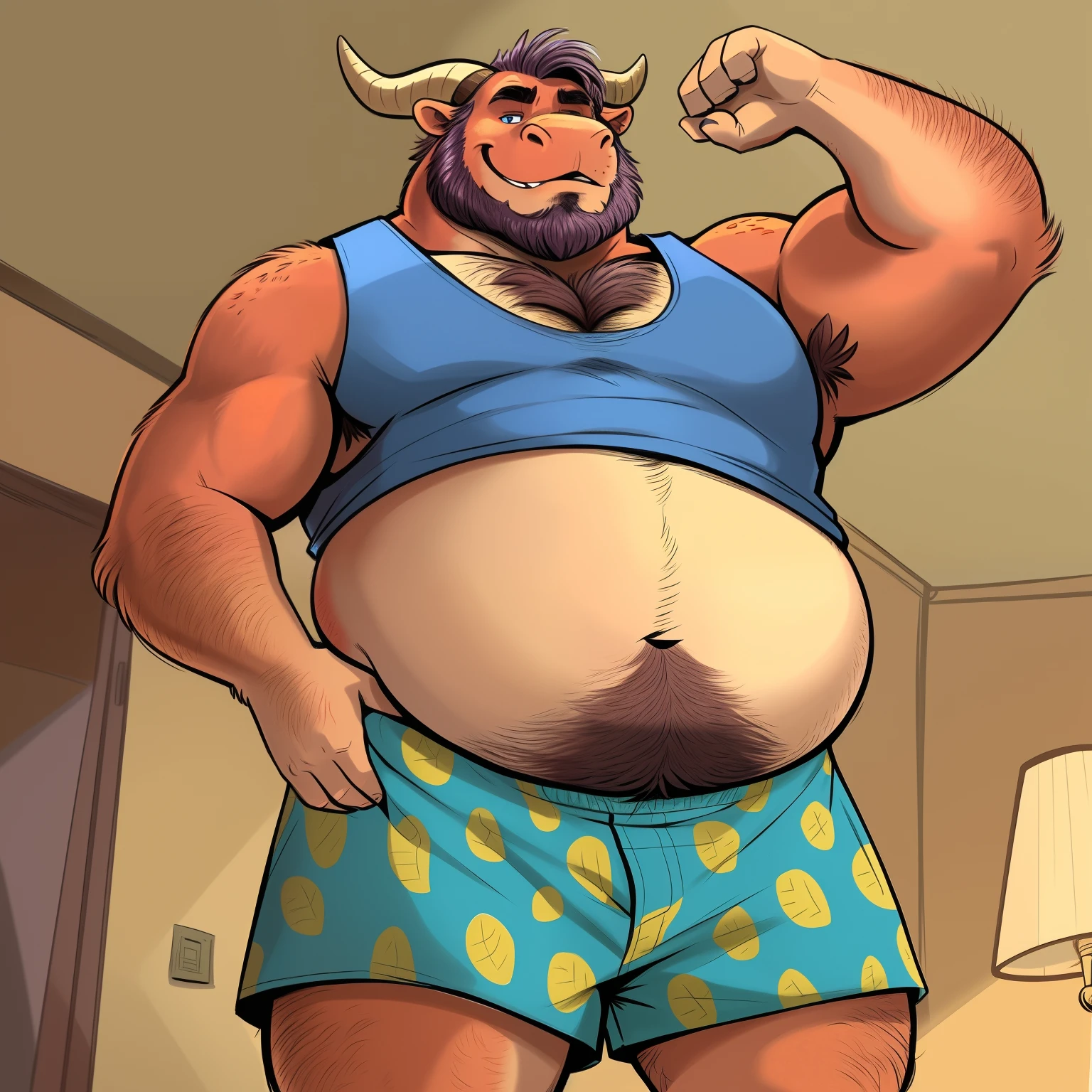 dragon, scalie, reptile,, grey hair,5 fingers, armpit hair, barazoku, Mature male, beard, thick, belly, big belly, blue eyes, body hair,(white tank top, pattern boxers:1.5), chest hair, clothed, clothing, eyebrows, hairy, happy trail, horn, looking at viewer, male, mature male, low-angle view, musclegut,navel, obese male,overweight male, solo,,indoors,teasing, topwear, white clothing, white topwear, (hi res, best quality, high quality, detailed, shaded, shading, masterpiece)(by badcoyote, by haps, by dramamine,)