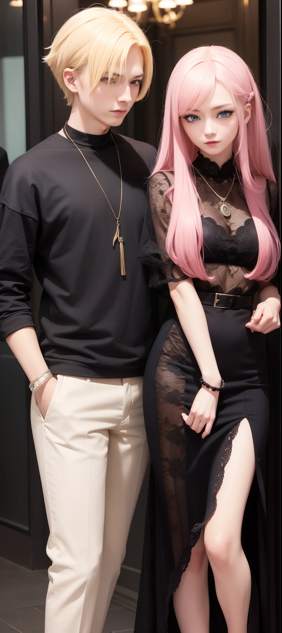 masterpiece, top-quality, 2Others, Male and female couples, 1 man and 1,, Adults, Height difference, different fashion, different color, finely eye and detailed face, intricate detailes, Casual clothing, Oversized shirt, Modern urban streets, Hands on back, A smile, Happiness, tenderness, high-level image quality、 Beautiful men and women、tall、hug from behind、Trying to kiss、Kissing each other, window、nightfall、nighttime scene、𝓡𝓸𝓶𝓪𝓷𝓽𝓲𝓬、Korean Male, Idol Photos, k pop, Professional Photos, Vampires, Korean fashion in black and white, Fedoman with necklace, inspired by Sim Sa-jeong, androgynous vampire, :9 detailed face: 8, extra detailed face, detailed punk hair, ((asa)) baggy eyes, Seductive. Highly detailed, semi realistic anime, Vampires, hyperrealistic , delicate androgynous prince, imvu, short hair above the ears, Man with short hair, Woman with long hair, With a man with a glaring expression, Woman with a gentle expression, ((With a man with blonde short hair and light blue eyes)), ((Woman with pretty long pink hair and light blue eyes))