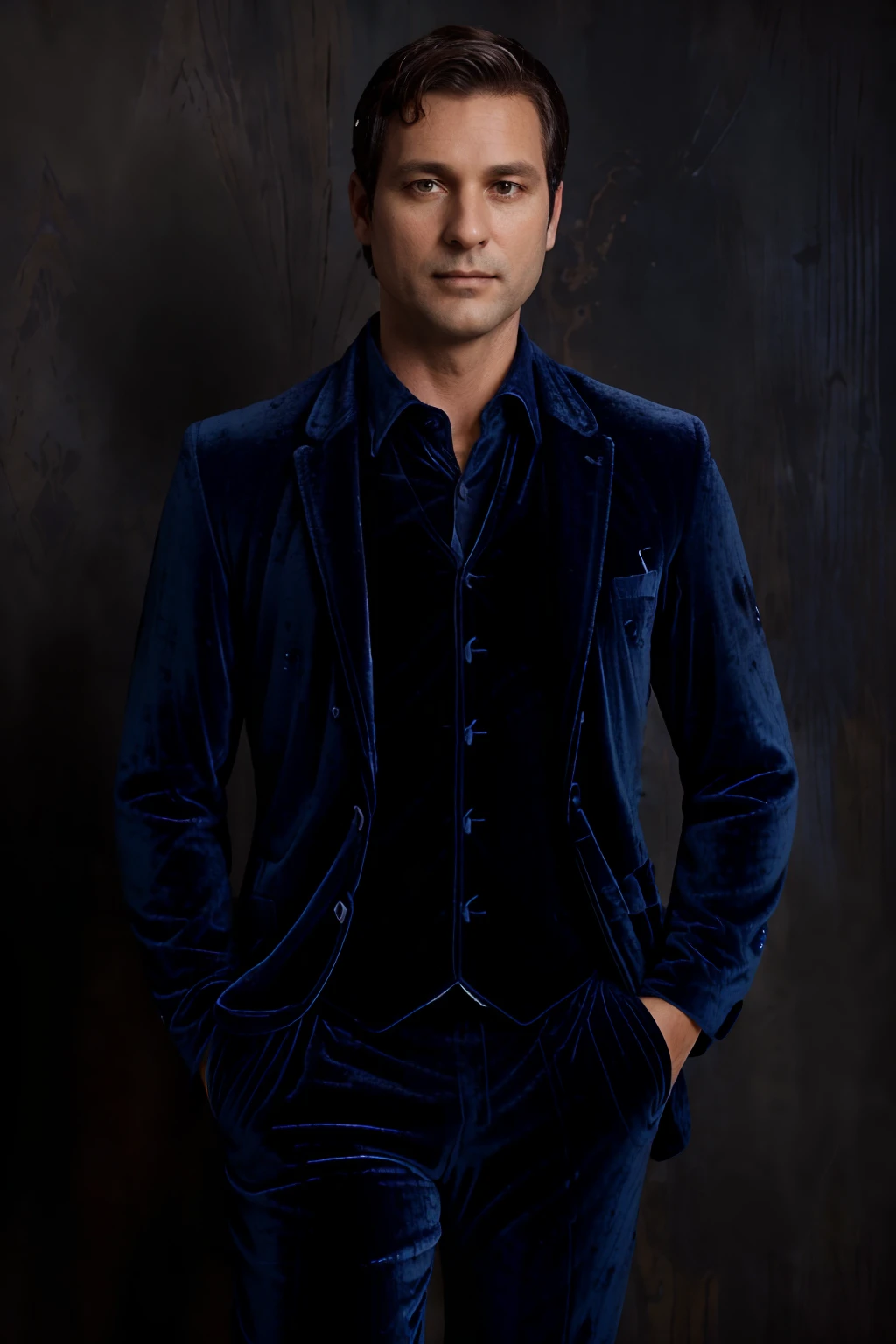 Portrait photo of a handsom man, (((45 years old))), short brown hair, (((bleu velvet suit:1.3))), ((black shirt:1.4)), (((no beard:1.3))), Dark blue backgroud.