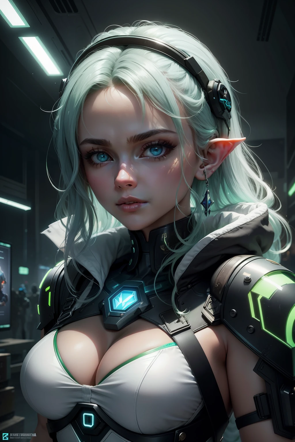 ultra detalhe, high resolution, ultra detalhado, melhor qualidade, Amazing, Qualidade Superior, extremamente detalhado CG 8k unidade de papel de parede, Cinematic lighting, Link Cyberpunk de Zelda, Cyberpunk, white clothing, armadura branca, Neon Berde, cabelos brancos, olhos azuis brilhantes, auro sintilante verde esmeralda.