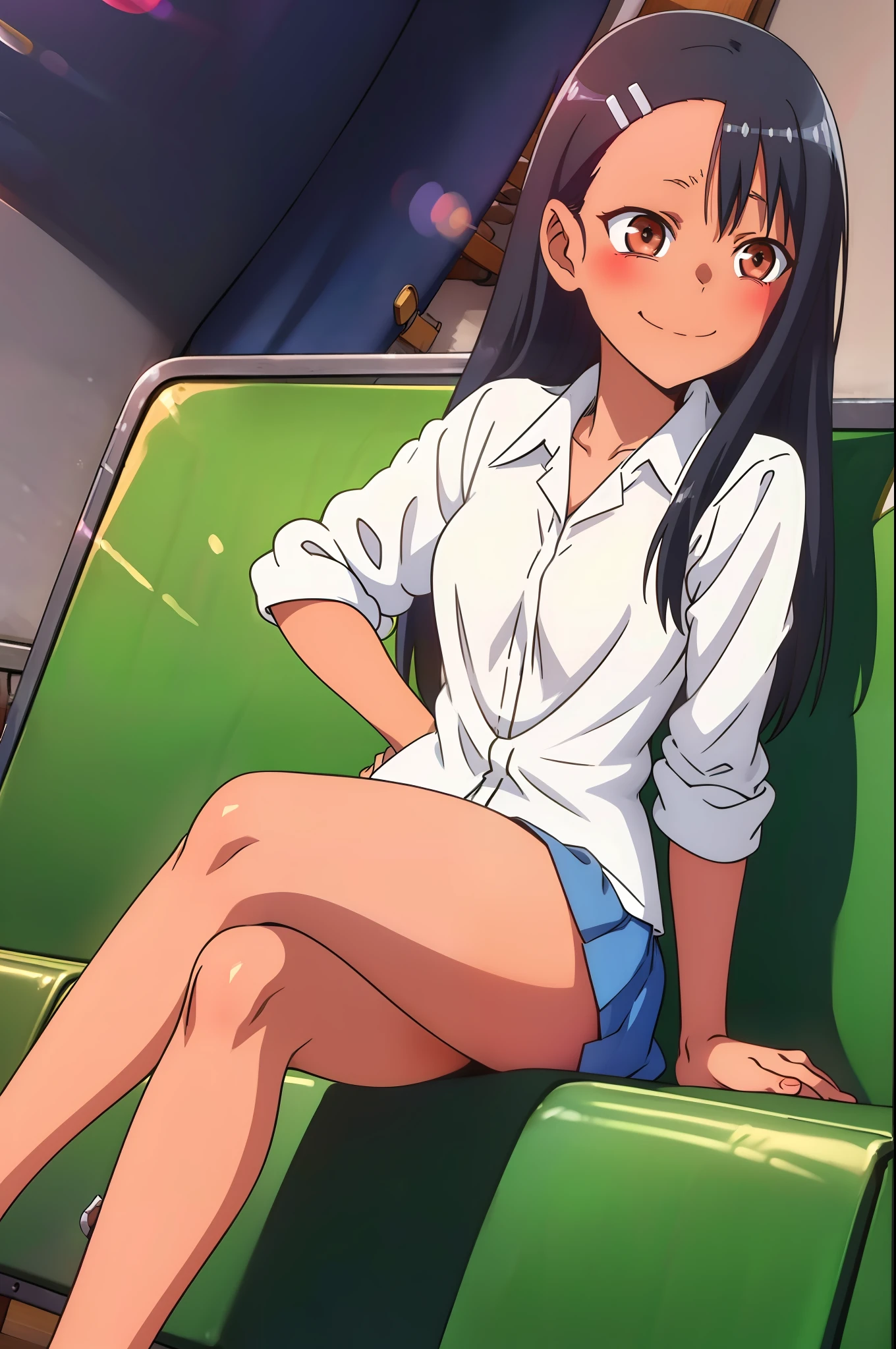 (1) Sitting alone on a long seat in a train,Sit with your legs apart,Showing white panties, Composition from the front,Low - Angle,
(2) I&#39;m a jk, She is wearing a uniform consisting of a miniskirt, sailor suit and loose socks.,
(3) I have medium length brown hair,
(4) The expression is provocative and smirking.,
(5) The location is a long seat on the Yamanote Line at night.,There are no other customers,The view outside the window is the night view of the city