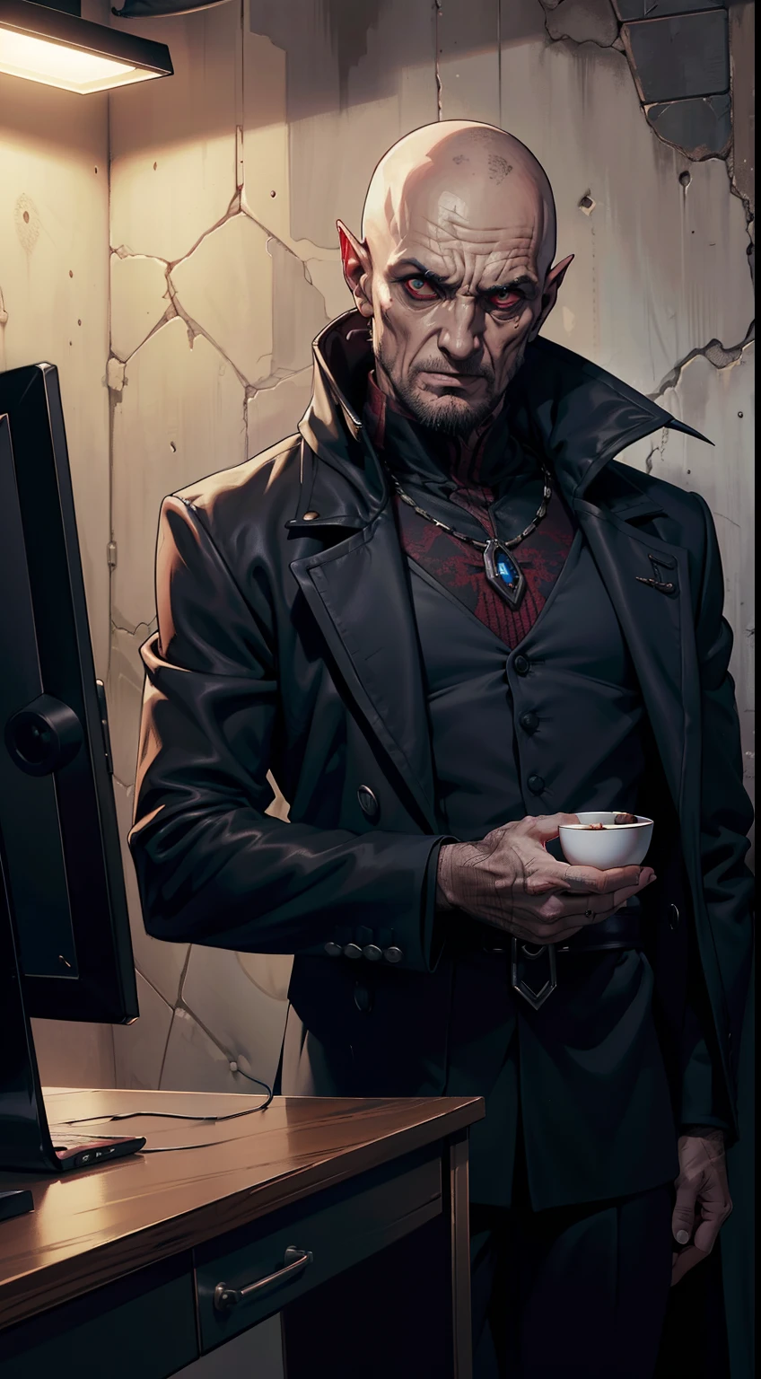 (papel de parede 8k extremamente detalhado), tema escuro, Vampire the Masquerade, terror moderno, anos 2020, homem adulto, 35 anos, muito feio, (Vampiro Nosferatu moderno), vestindo casaco de moleton com capuz, foco afiado, (subsurface scatter:1.1), fotografia premiada, rosto centrado, rosto de Robert Englund, foto de meio corpo:1.1, careca, olhos amarelos:1.2, Serious expression, dentro de quarto cheio de monitores de computador, headphone, lighting dramatic